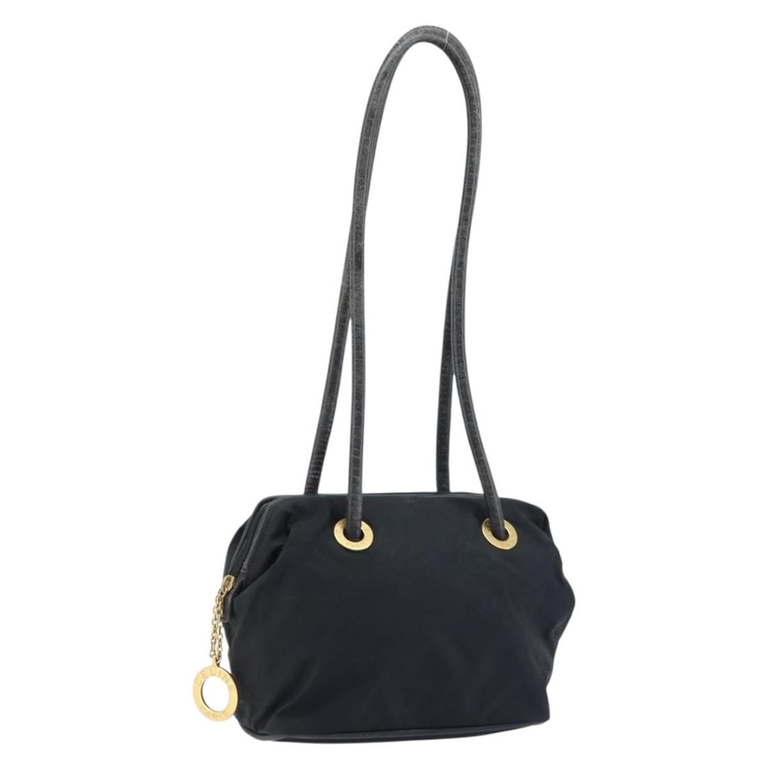 Celine black nylon leather shoulder bag gold tone Italy: Celine black nylon leather shoulder bag gold tone Italy This CELINE Circle shoulder bag is crafted from black nylon with gold-tone accents. Designed for women, it features a spacious interior and a 13