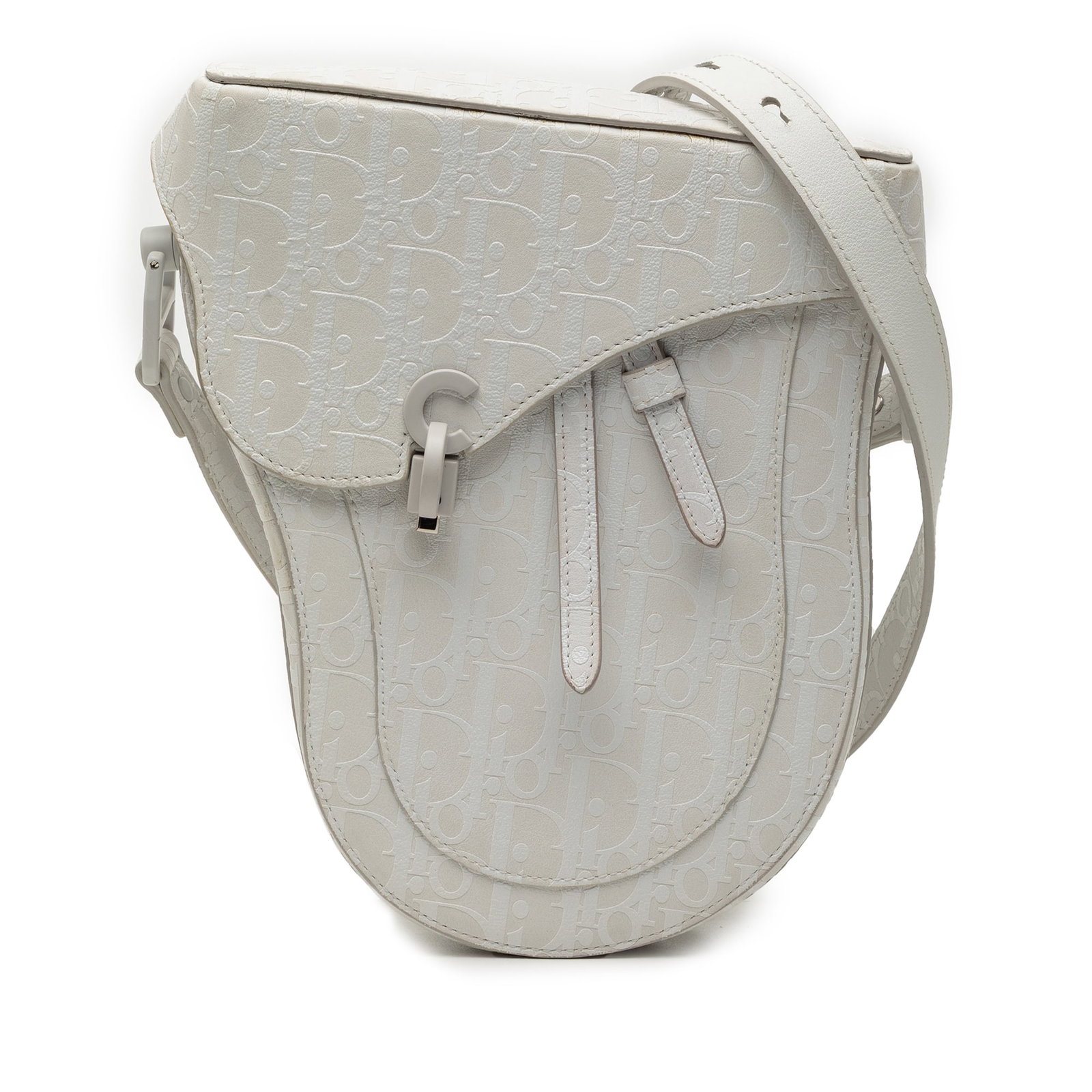 Dior Saddle Boxy Oblique Calfskin Leather White Crossbody Bag: Dior Saddle Boxy Oblique Calfskin Leather White Crossbody Bag This Dior Oblique Calfskin Saddle Boxy Crossbody features an embossed leather body in white, a flap with magnetic snap closure, and an int