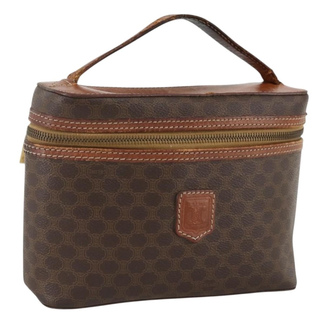 Celine Macadam Canvas and PVC Leather Brown Vanity Handbag Gold Tone Hardware: Celine Macadam Canvas and PVC Leather Brown Vanity Handbag Gold Tone Hardware This CELINE Macadam Canvas Vanity Hand Bag features a brown and gold exterior crafted from PVC leather and Macadam canvas.