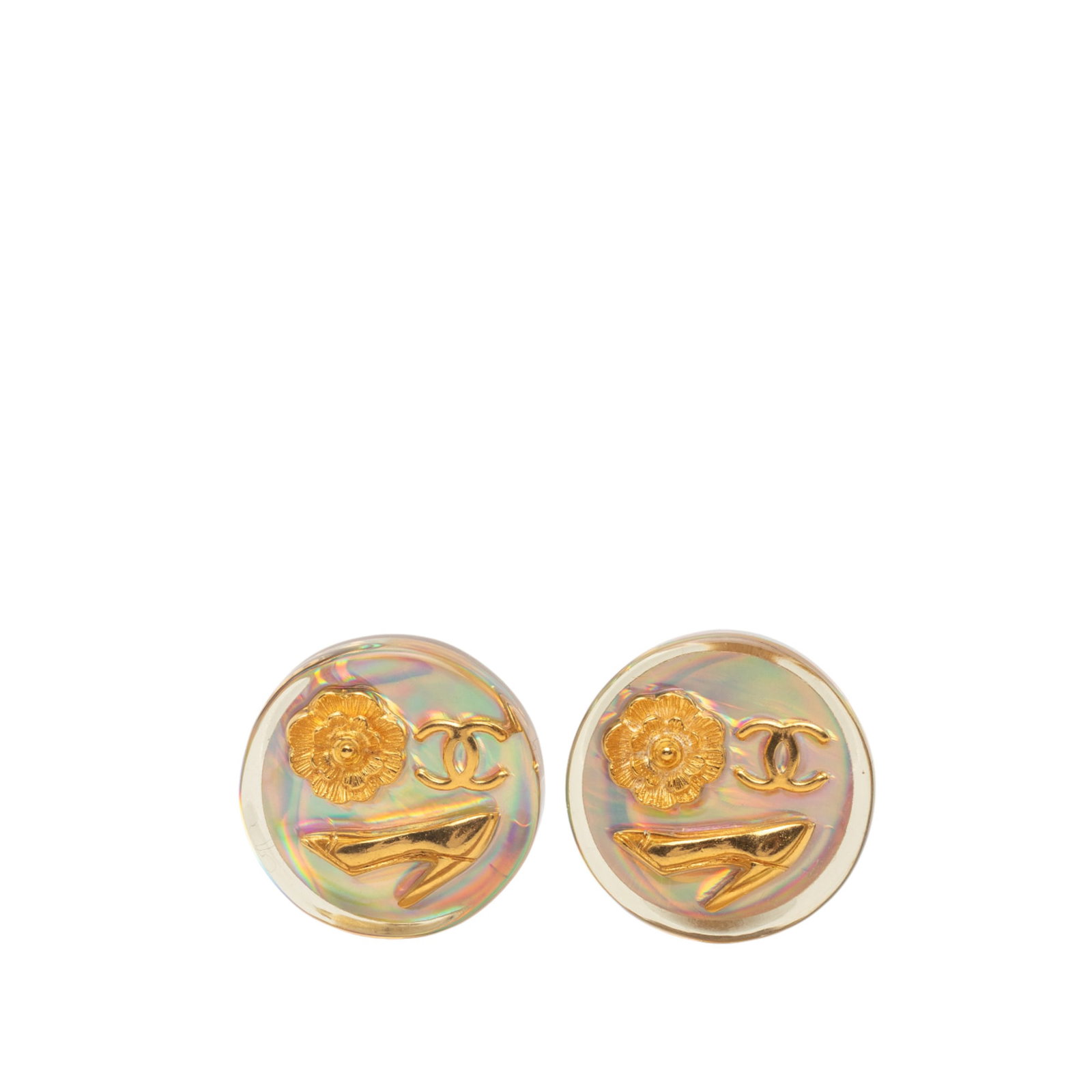 Chanel Camellia Motif Gold Plated Resin Clip On Earrings: Chanel Camellia Motif Gold Plated Resin Clip On Earrings These Chanel clip-on earrings feature a resin body with camellia details and gold-plated accents. The design is characterized by the iconic CC 