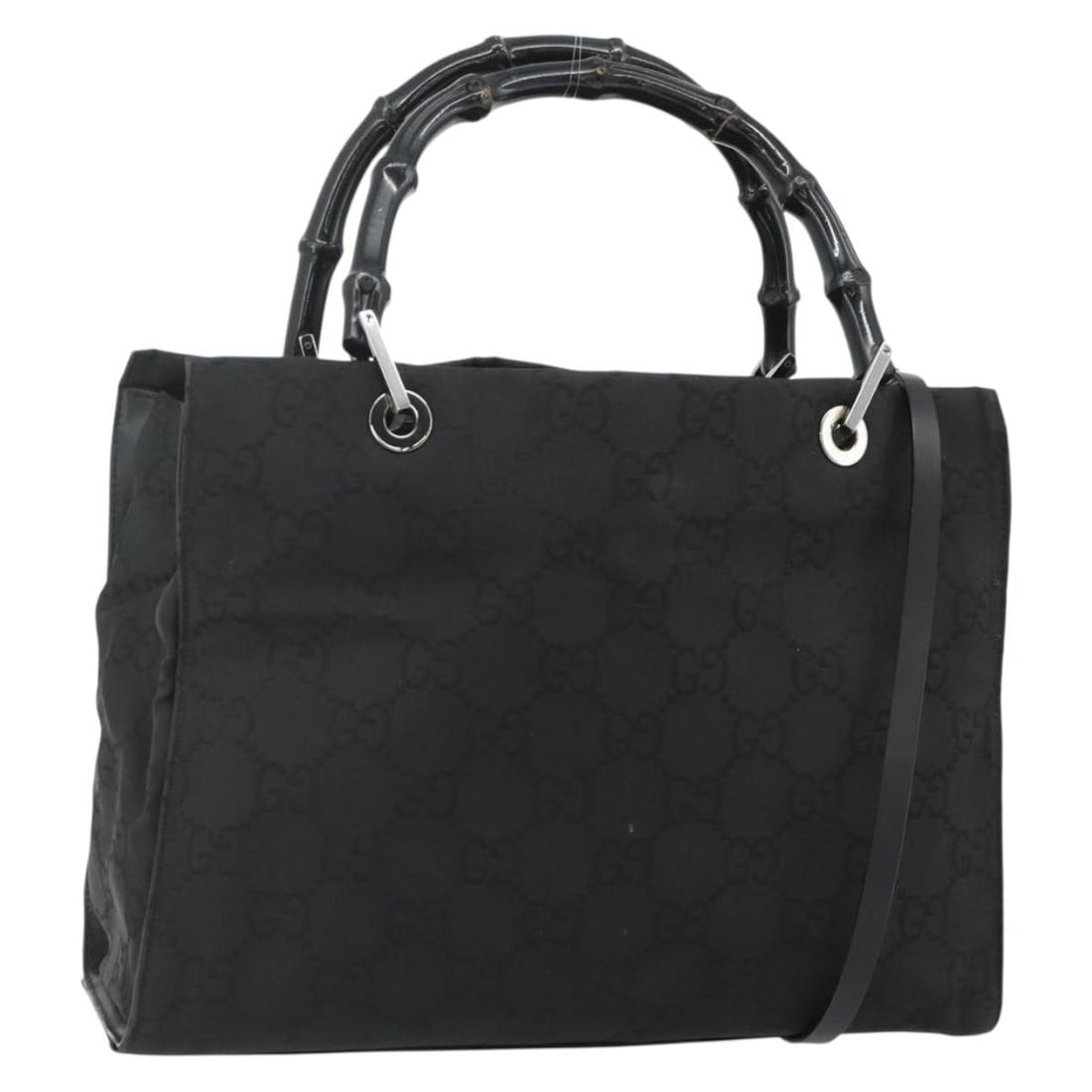 GUCCI Bamboo GG Canvas Black Silver Handbag with Shoulder Strap: GUCCI Bamboo GG Canvas Black Silver Handbag with Shoulder Strap This GUCCI Bamboo GG Canvas Hand Bag features a versatile 2-way design with both handles and a detachable shoulder strap. Crafted from b