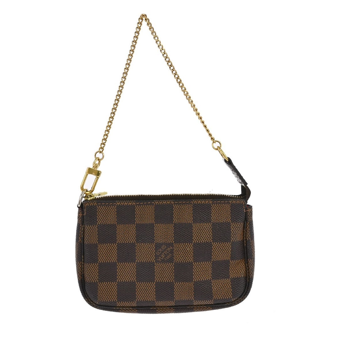 Louis Vuitton Damier Ebene Mini Pochette Accessoires Brown Chain Strap Bag: Louis Vuitton Damier Ebene Mini Pochette Accessoires Brown Chain Strap Bag This Louis Vuitton Mini Pochette Accessoires handbag features the iconic Damier canvas leather exterior in brown with a logo 