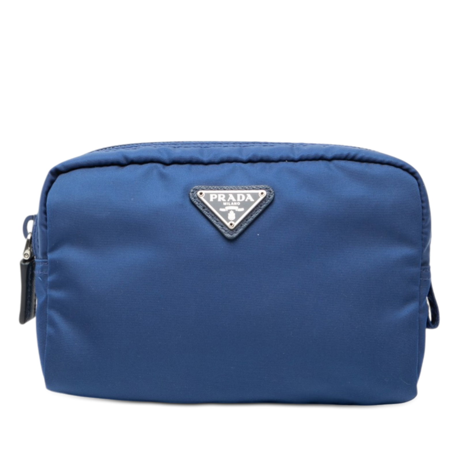 Prada Tessuto Blue Nylon Cosmetic Zip Pouch from Italy: Prada Tessuto Blue Nylon Cosmetic Zip Pouch from Italy This Prada Tessuto Cosmetic Pouch features a blue nylon body with a top zip closure and an interior zip pocket. The pouch is crafted in Italy and