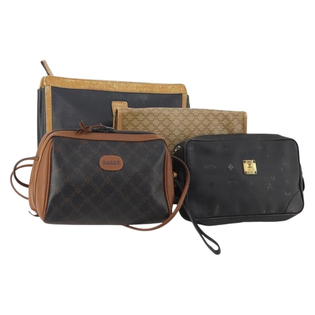 BALLY Macadam Canvas Leather Black Beige Clutch Bag Set: BALLY Macadam Canvas Leather Black Beige Clutch Bag Set This is a special set of four clutch bags, featuring designs from Bally, Celine, MCM, and Macadam Canvas Vicetos. The bags are crafted from leat