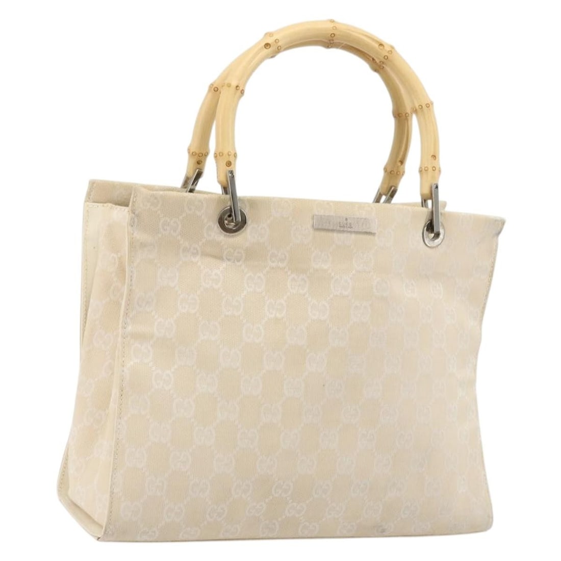 Gucci Bamboo Tote Beige Silver GG Canvas Italy 002 1016: Gucci Bamboo Tote Beige Silver GG Canvas Italy 002 1016 This GUCCI GG Canvas Bamboo Tote Bag features a beige and silver color scheme and is crafted from signature GG canvas. The bag includes bamboo h