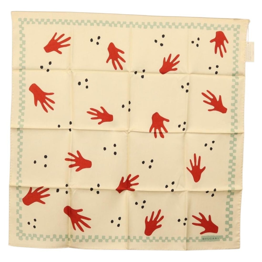 BVLGARI Silk Scarf Beige Hand Motif Design 33.9 Inch Square with Box: BVLGARI Silk Scarf Beige Hand Motif Design 33.9 Inch Square with Box This Bvlgari scarf features a beige silk fabric with a hand motif design by Davide Pizzigoni. Made in Italy, the scarf measures app