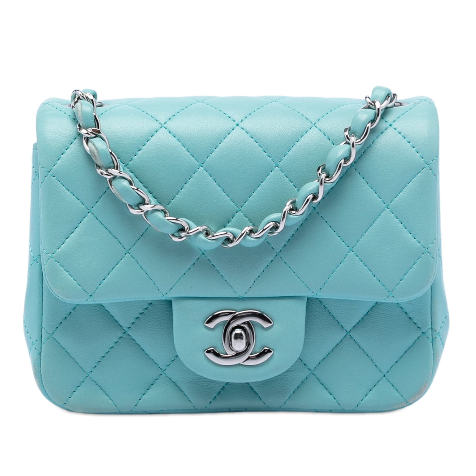 Chanel Blue Lambskin Mini Square Quilted Crossbody Bag with Chain Strap: Chanel Blue Lambskin Mini Square Quilted Crossbody Bag with Chain Strap This Chanel Mini Square Classic Lambskin Single Flap crossbody bag features a quilted lambskin leather body in blue, a leather-w
