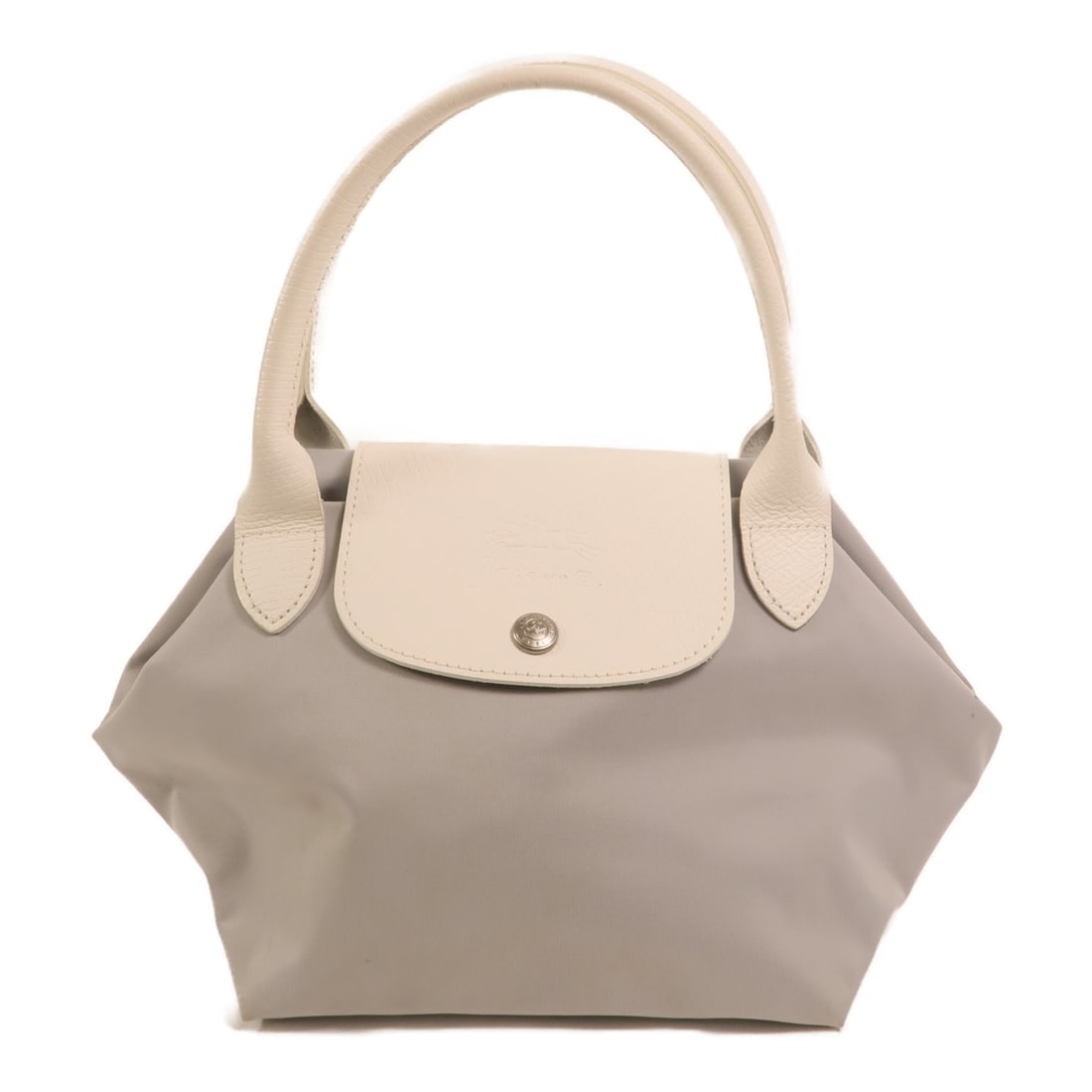 Longchamp Le Pliage Nendo Small Grey Nylon Handbag with Silver Hardware: Longchamp Le Pliage Nendo Small Grey Nylon Handbag with Silver Hardware This Longchamp Le Pliage Nendo handbag features a durable gray nylon exterior with a sleek design. Designed for women, the bag o