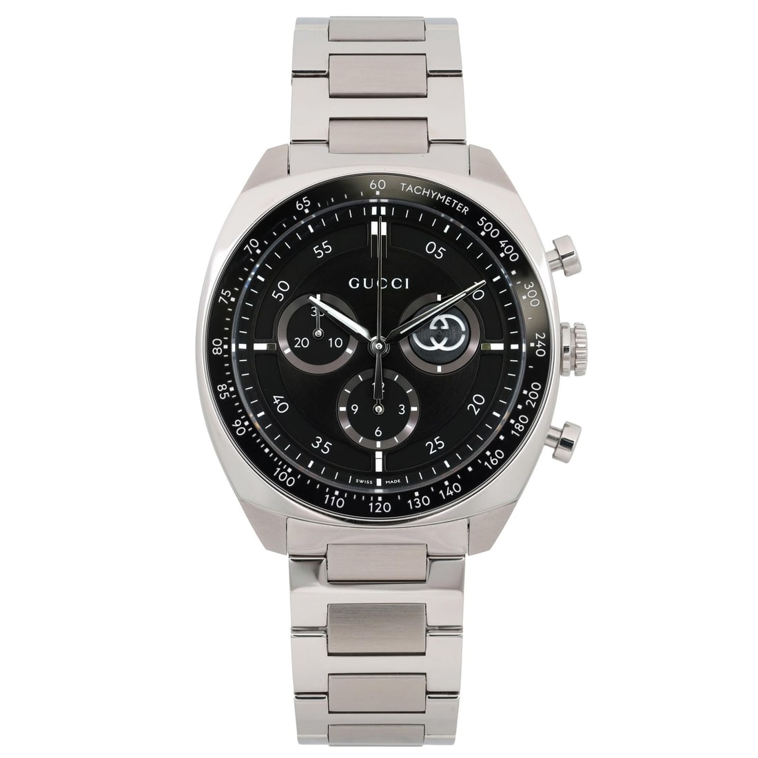 Gucci Interlocking G 41MM Black Dial Mens Quartz Watch YA142316: Gucci Interlocking G 41MM Black Dial Mens Quartz Watch YA142316 Elevate your style with the Gucci Interlocking G Chrono 41MM Black Dial Men's Quartz Watch YA142316. This luxury wristwatch features a s