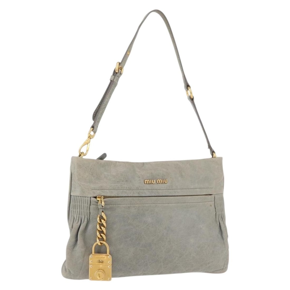 Miu Miu gray gold leather shoulder bag women Turkey: Miu Miu gray gold leather shoulder bag women Turkey This Miu Miu shoulder bag is crafted from leather in a gray and gold color combination. The bag features a structured silhouette with a shoulder str