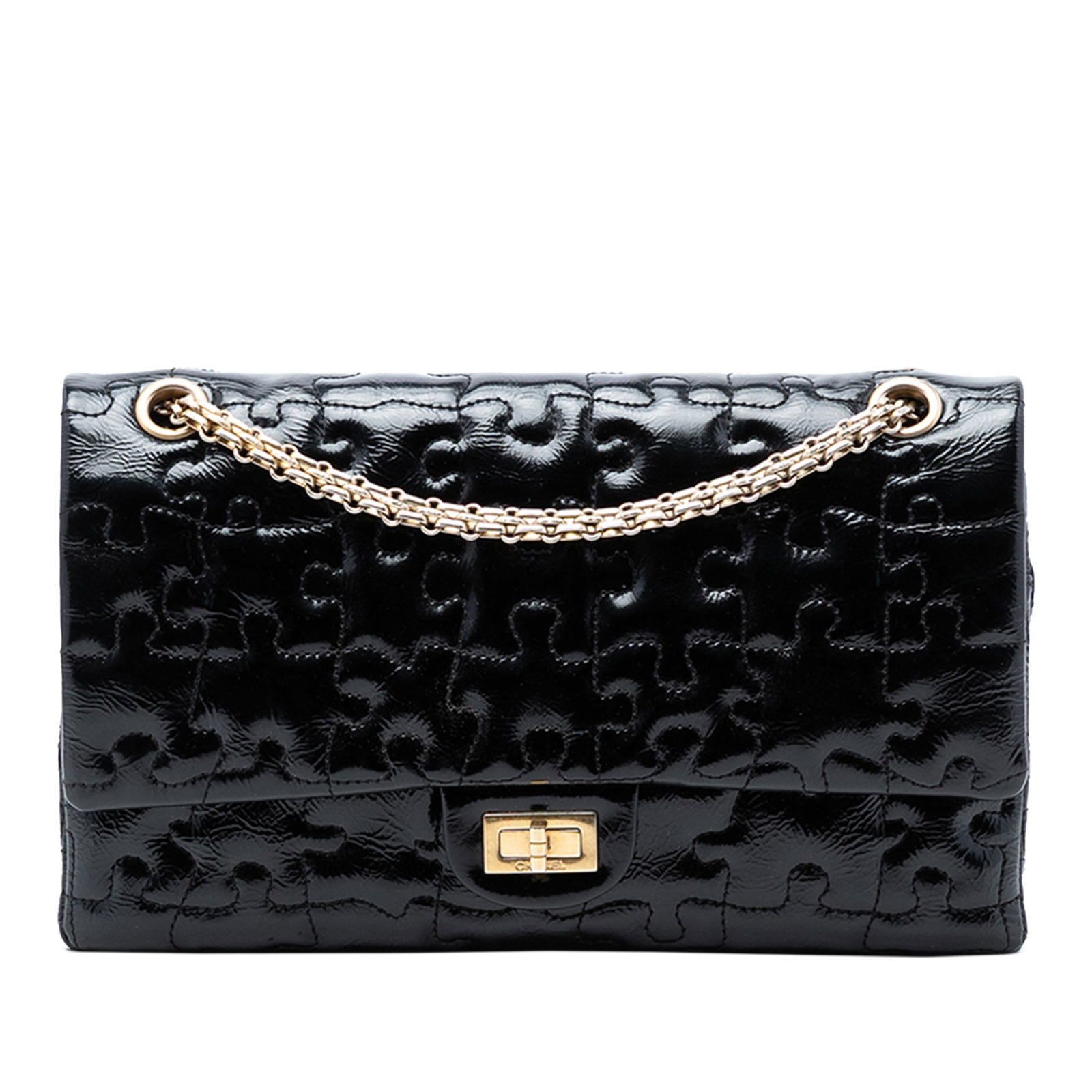 Chanel Reissue 2.55 Patent Leather Puzzle Double Flap Bag 226 Black: Chanel Reissue 2.55 Patent Leather Puzzle Double Flap Bag 226 Black This Chanel Reissue 2.55 Crackled Patent Puzzle Double Flap 226 features a crackled patent leather body in black, complemented by ch
