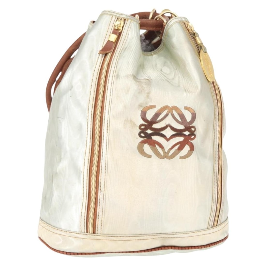 LOEWE Gold Silver Coated Canvas Backpack Authentic Italy: LOEWE Gold Silver Coated Canvas Backpack Authentic Italy This LOEWE backpack is crafted from durable coated canvas in an eye-catching gold and silver color scheme. Measuring approximately 11.0 inches 