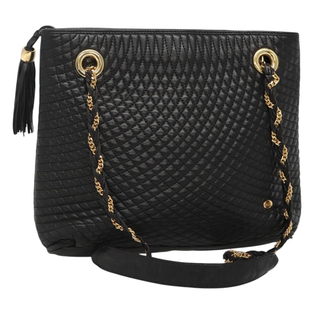 Black Quilted Leather Shoulder Bag by Bally with Gold Chain Accent: Black Quilted Leather Shoulder Bag by Bally with Gold Chain Accent This Bally quilted chain shoulder bag is crafted from black leather with gold-tone accents. Designed for women, it features a spaciou