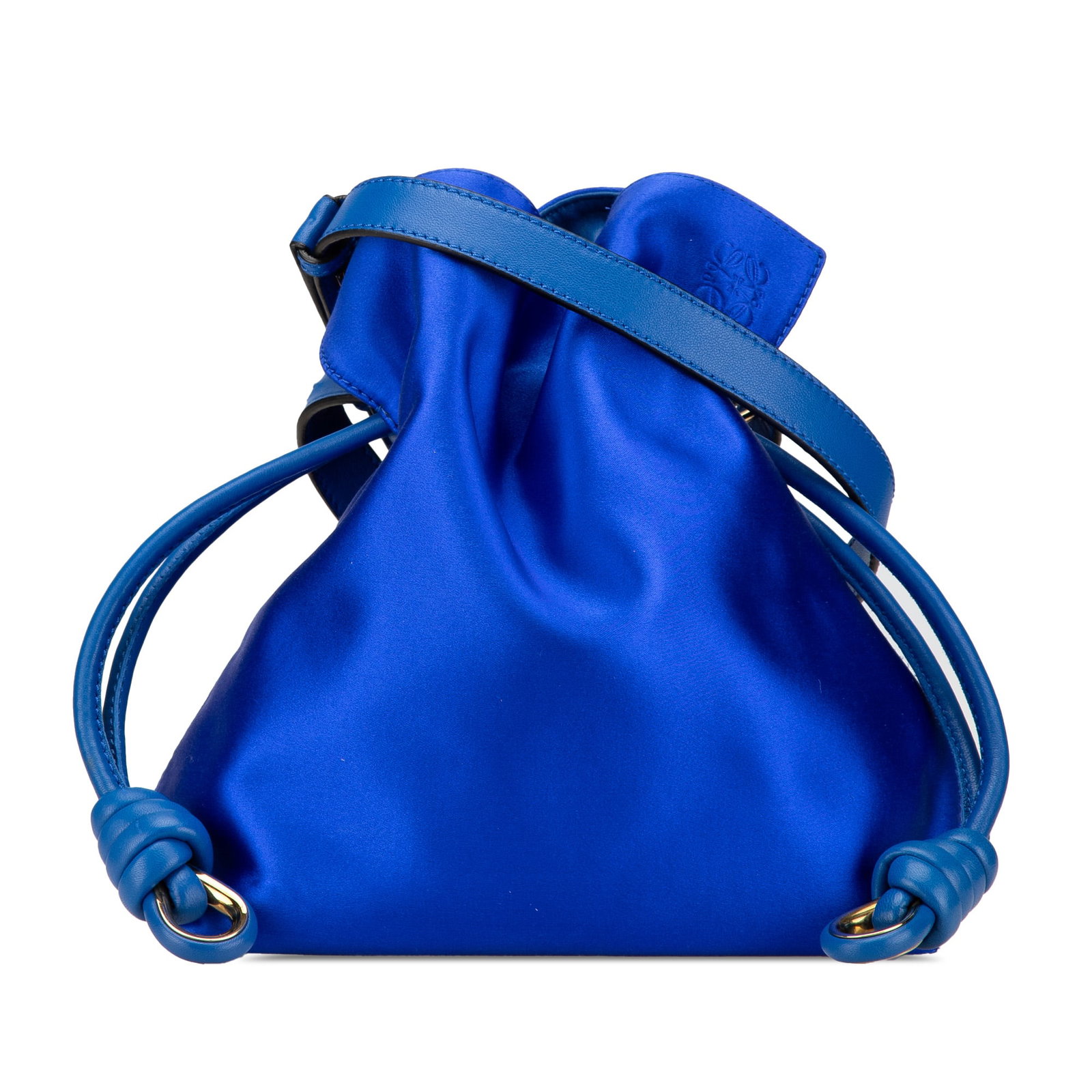 LOEWE Small Satin Flamenco Knot Blue Bag with Leather Strap: LOEWE Small Satin Flamenco Knot Blue Bag with Leather Strap Introducing the LOEWE Small Satin Flamenco Knot, a stylish and functional handbag crafted from luxurious satin. This bag features a flat lea