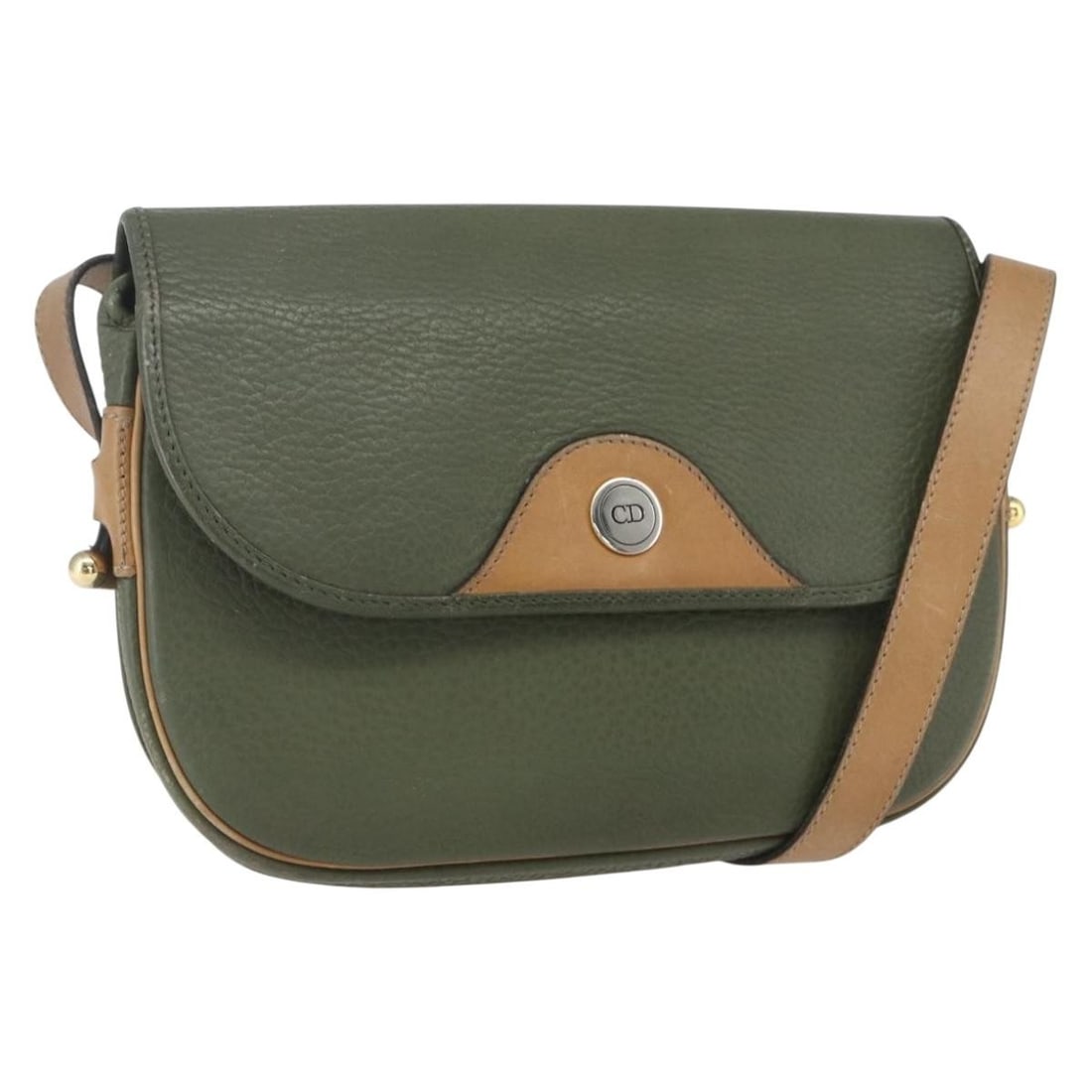 Khaki and Gold Leather Shoulder Bag by Christian Dior France: Khaki and Gold Leather Shoulder Bag by Christian Dior France This Christian Dior shoulder bag features khaki leather with gold-tone accents. The bag is designed with a practical shoulder strap and off