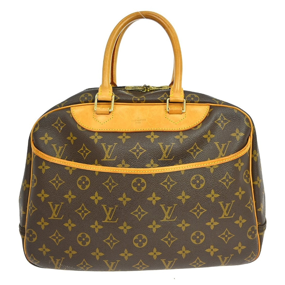 Louis Vuitton Deauville Monogram Canvas Bowling Handbag Medium Brown Vintage: Louis Vuitton Deauville Monogram Canvas Bowling Handbag Medium Brown Vintage This Louis Vuitton Deauville Bowling Handbag showcases the iconic monogram canvas leather exterior with beige double handle