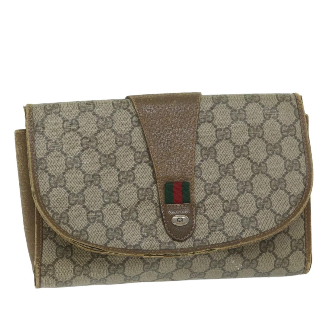 Gucci Sherry Line GG Canvas PVC Clutch in Beige with Green and Red Web: Gucci Sherry Line GG Canvas PVC Clutch in Beige with Green and Red Web This is a Gucci GG Canvas Web Sherry Line clutch bag crafted from beige, green, and red PVC leather and GG canvas. Designed for w