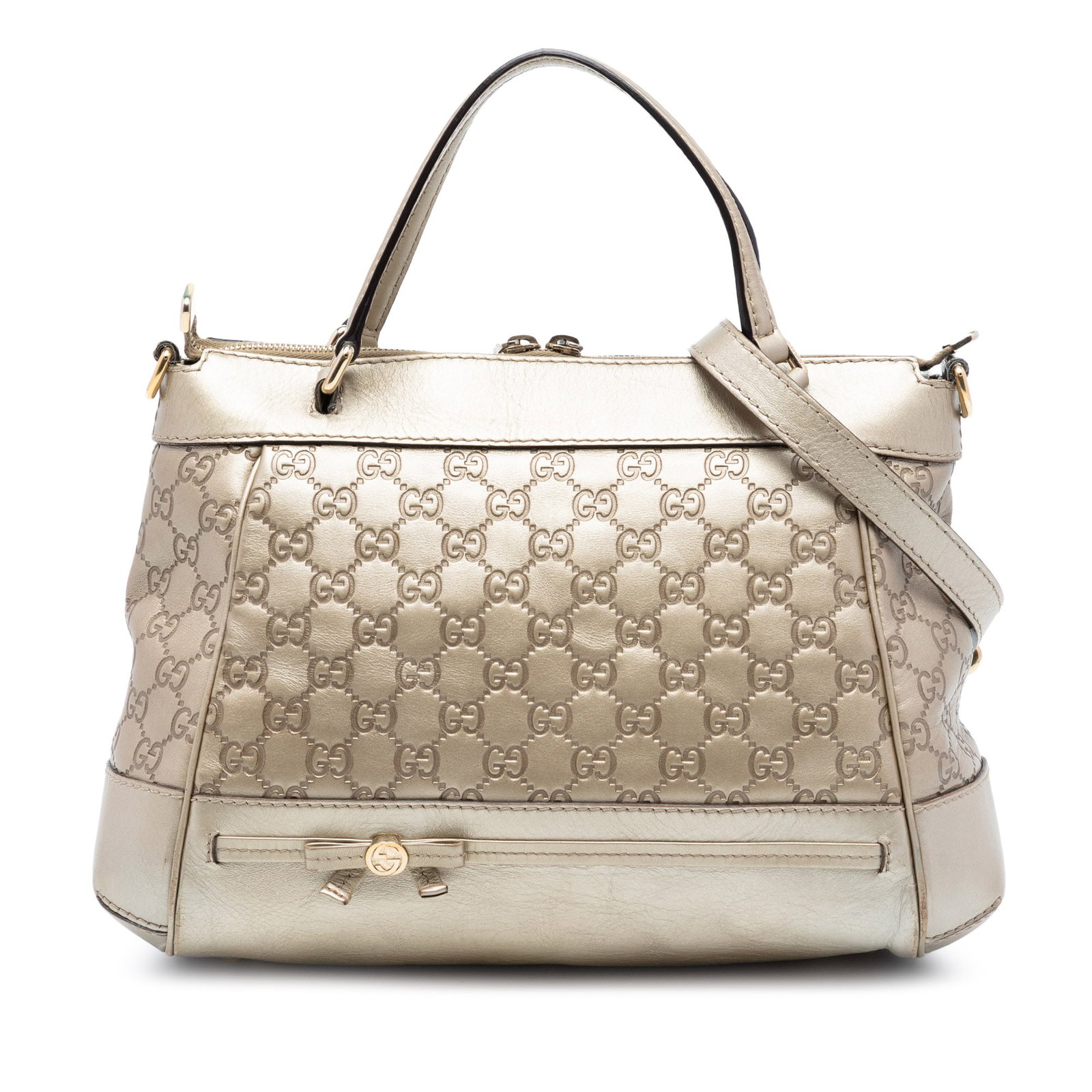 Gucci Mayfair Gold Embossed Leather Satchel with Detachable Strap: Gucci Mayfair Gold Embossed Leather Satchel with Detachable Strap This Gucci Mayfair satchel features a metallic gold embossed leather body with the signature Guccissima pattern. It is designed with f