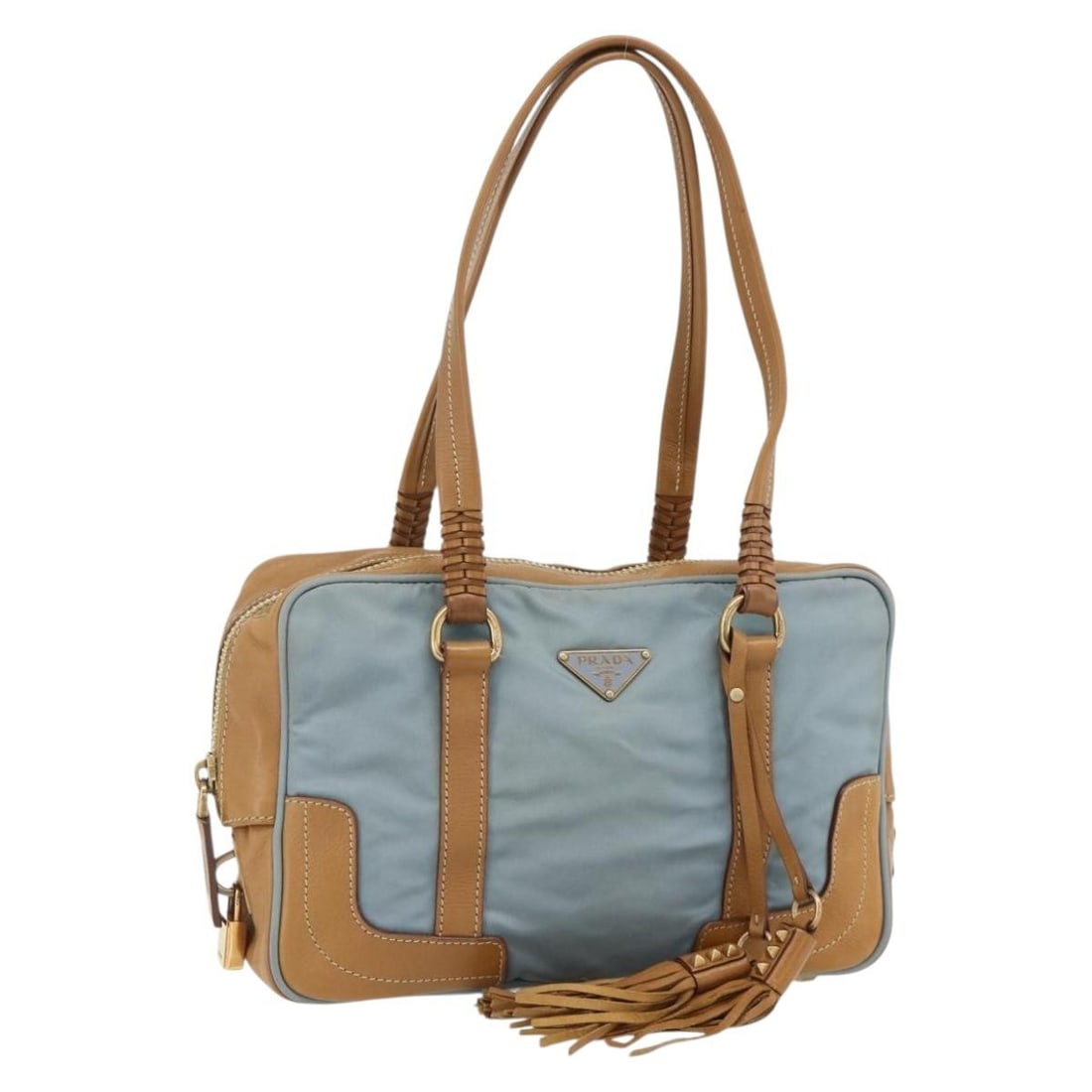 Prada Nylon Light Blue Gold Shoulder Bag Italy Padlock Key Clochette: Prada Nylon Light Blue Gold Shoulder Bag Italy Padlock Key Clochette This PRADA shoulder bag is crafted from light blue nylon with gold-tone accents. Designed for women, it features a compact silhouet