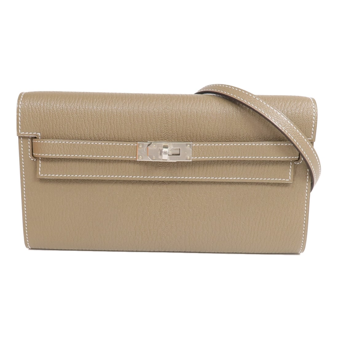 Hermes Kelly To Go Goatskin Shoulder Bag in Etoupe with Palladium Hardware: Hermes Kelly To Go Goatskin Shoulder Bag in Etoupe with Palladium Hardware This Hermes Kelly To Go shoulder bag is crafted from Chevre Mysore goatskin leather in a refined gray tone. Designed for wome