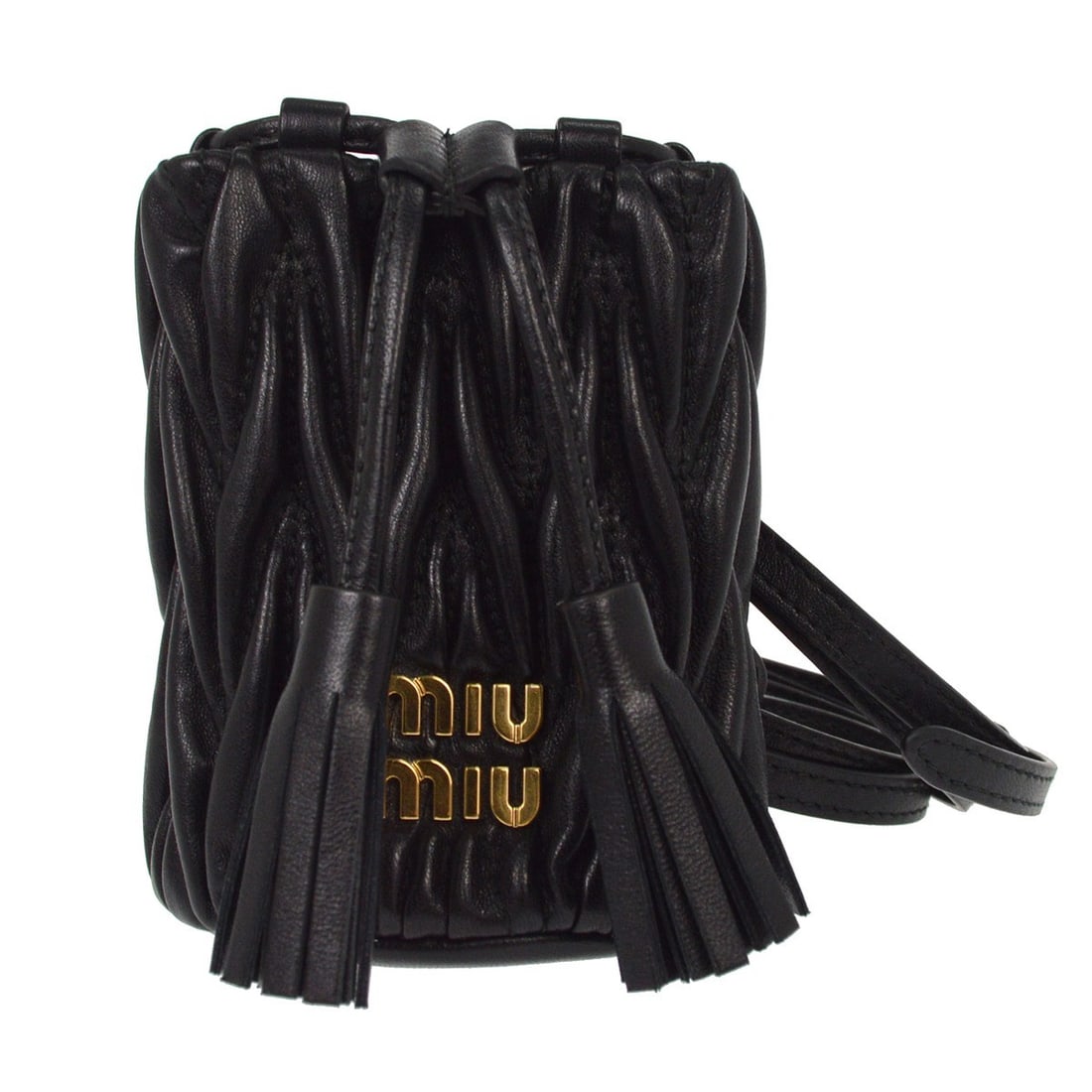 Micro Black Leather Shoulder Bucket Bag with Drawstring: Micro Black Leather Shoulder Bucket Bag with Drawstring This women's micro-sized bucket and drawstring bag is crafted from black leather with a matching black leather shoulder strap. The bag features 