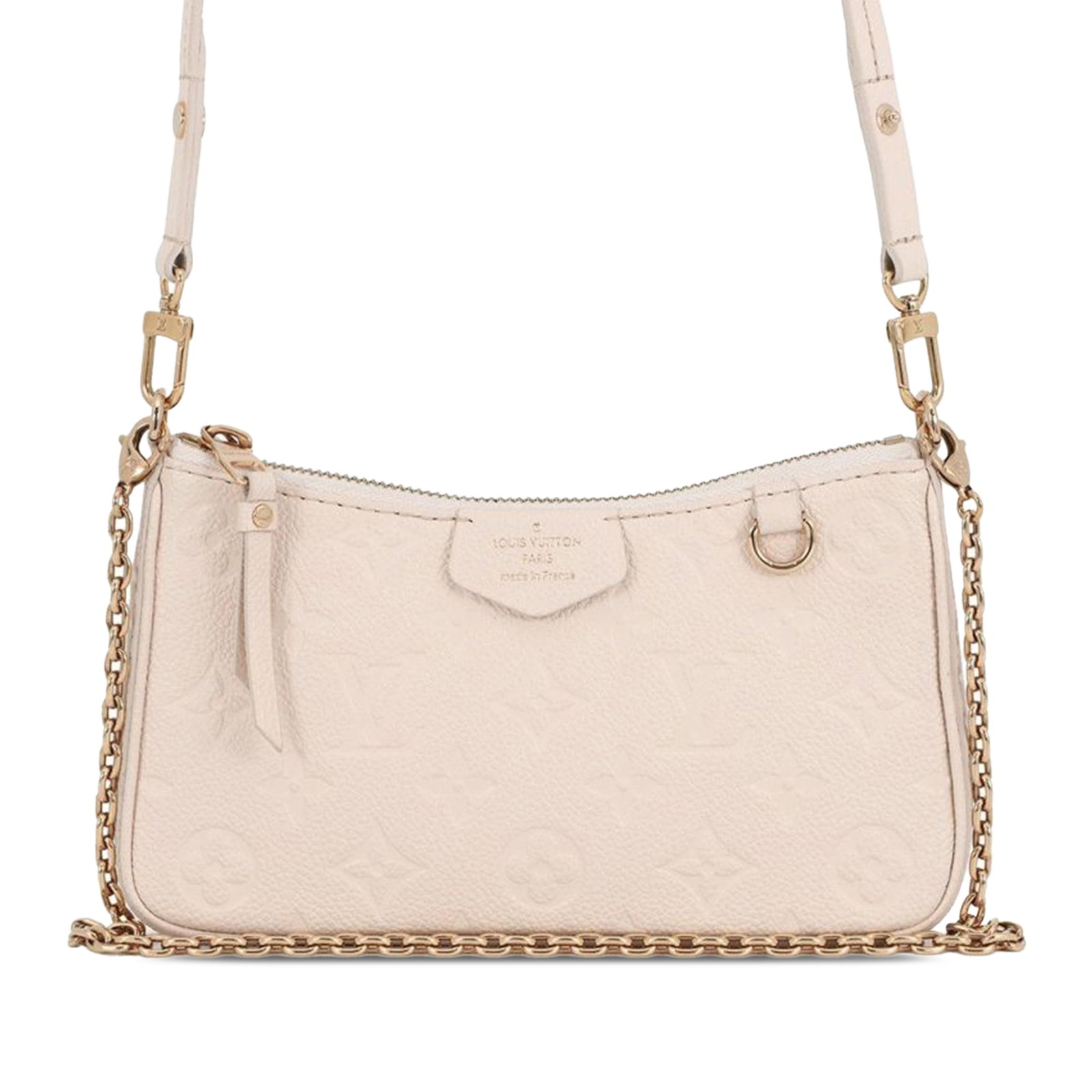 Louis Vuitton Easy Pouch White Monogram Empreinte Leather with Removable Straps: Louis Vuitton Easy Pouch White Monogram Empreinte Leather with Removable Straps This Louis Vuitton Easy Pouch features the signature monogram empreinte leather in white, complemented by both a detacha