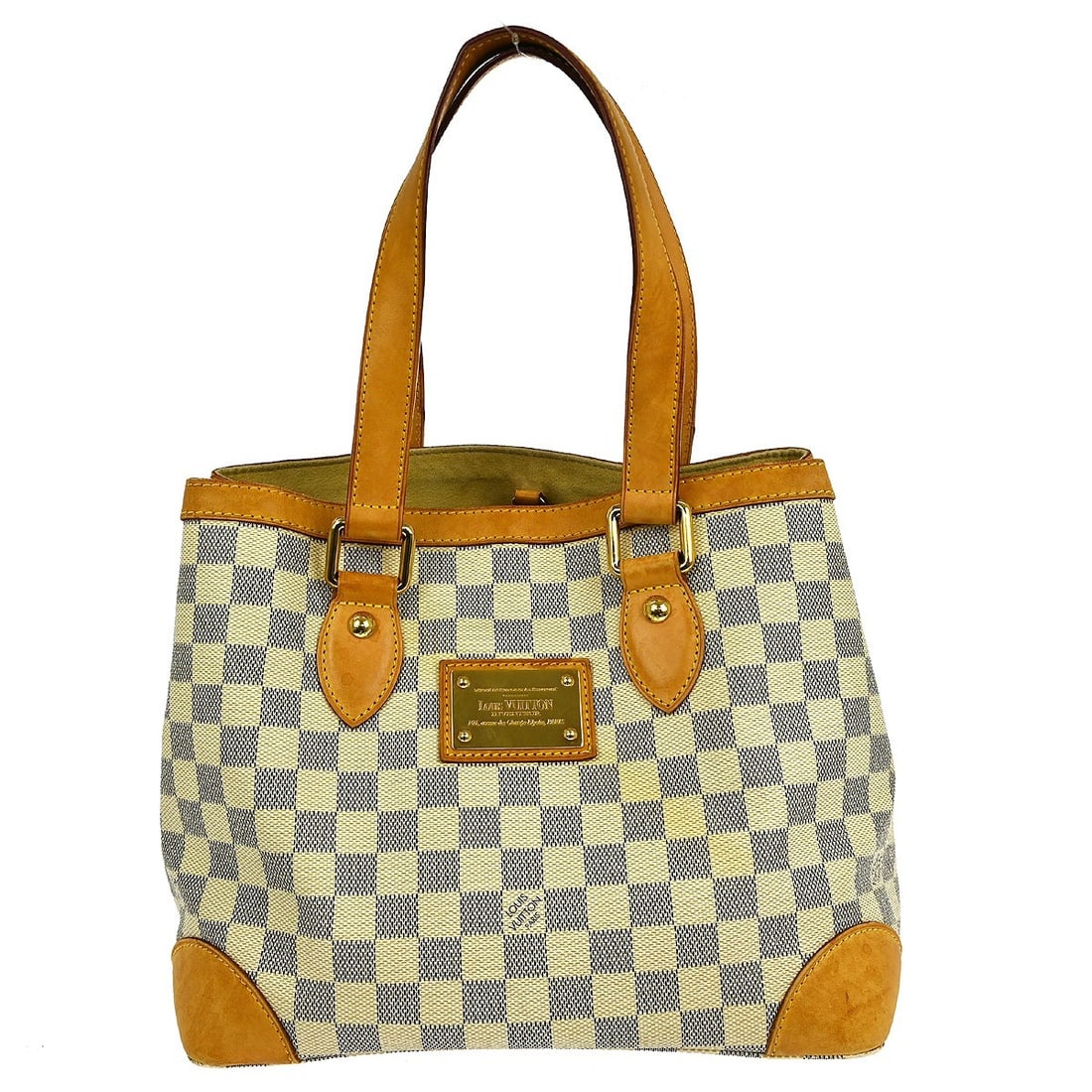 Louis Vuitton Hampstead PM Damier Azur Canvas Tote Bag with Double Handles: Louis Vuitton Hampstead PM Damier Azur Canvas Tote Bag with Double Handles The Louis Vuitton Hampstead PM hand tote bag features the iconic Damier Azur canvas with leather trim and logo accents. Desig