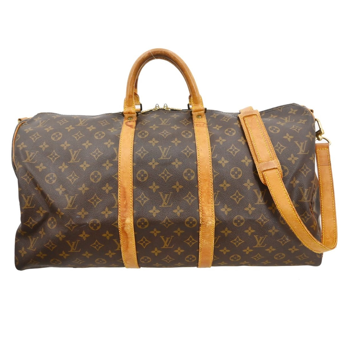 Louis Vuitton Keepall Bandouliere 55 Monogram Duffle Bag: Louis Vuitton Keepall Bandouliere 55 Monogram Duffle Bag This Louis Vuitton Keepall Bandouliere 55 is an extra-large duffle bag crafted from the iconic monogram canvas. Featuring double beige handles,