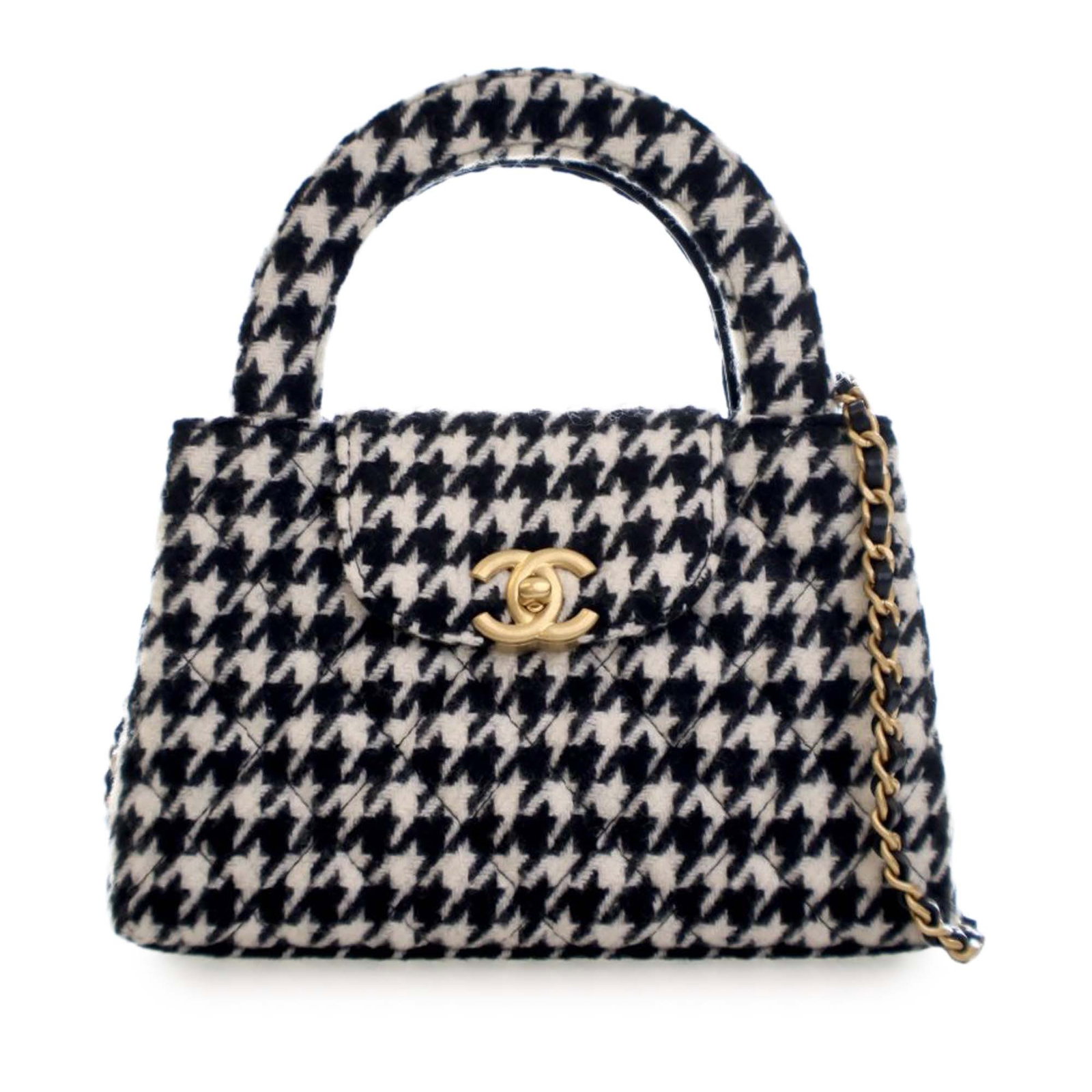 Chanel Houndstooth Tweed Nano Kelly Shopper Satchel with Chain Strap: Chanel Houndstooth Tweed Nano Kelly Shopper Satchel with Chain Strap This Chanel Nano Quilted Houndstooth Tweed Kelly Shopper Bag showcases a classic tweed exterior with a quilted houndstooth pattern.