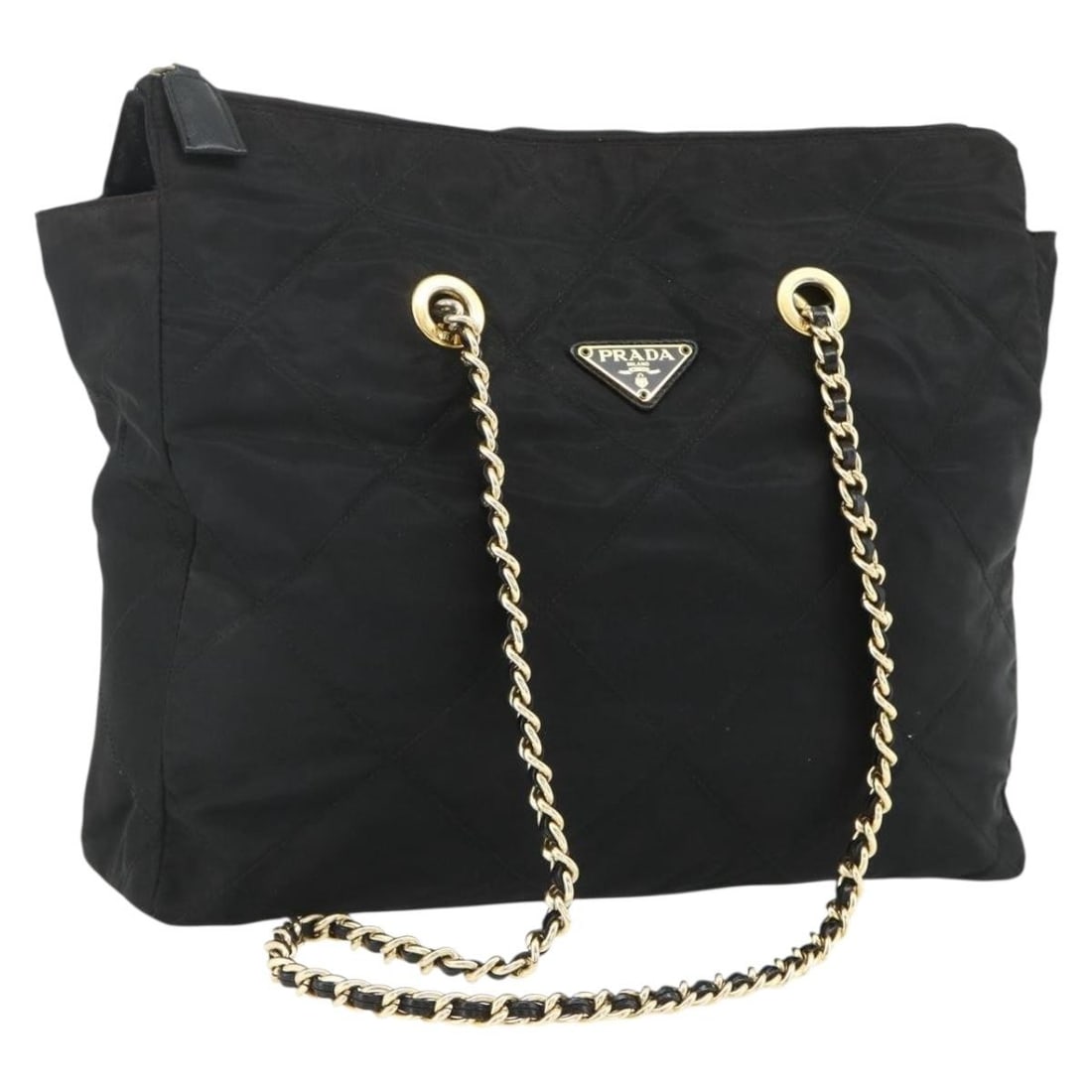 Prada black nylon tote with gold chain handles: Prada black nylon tote with gold chain handles This PRADA chain tote bag is crafted from black nylon with gold-tone accents. Designed for women, it features a spacious interior and a comfortable handl