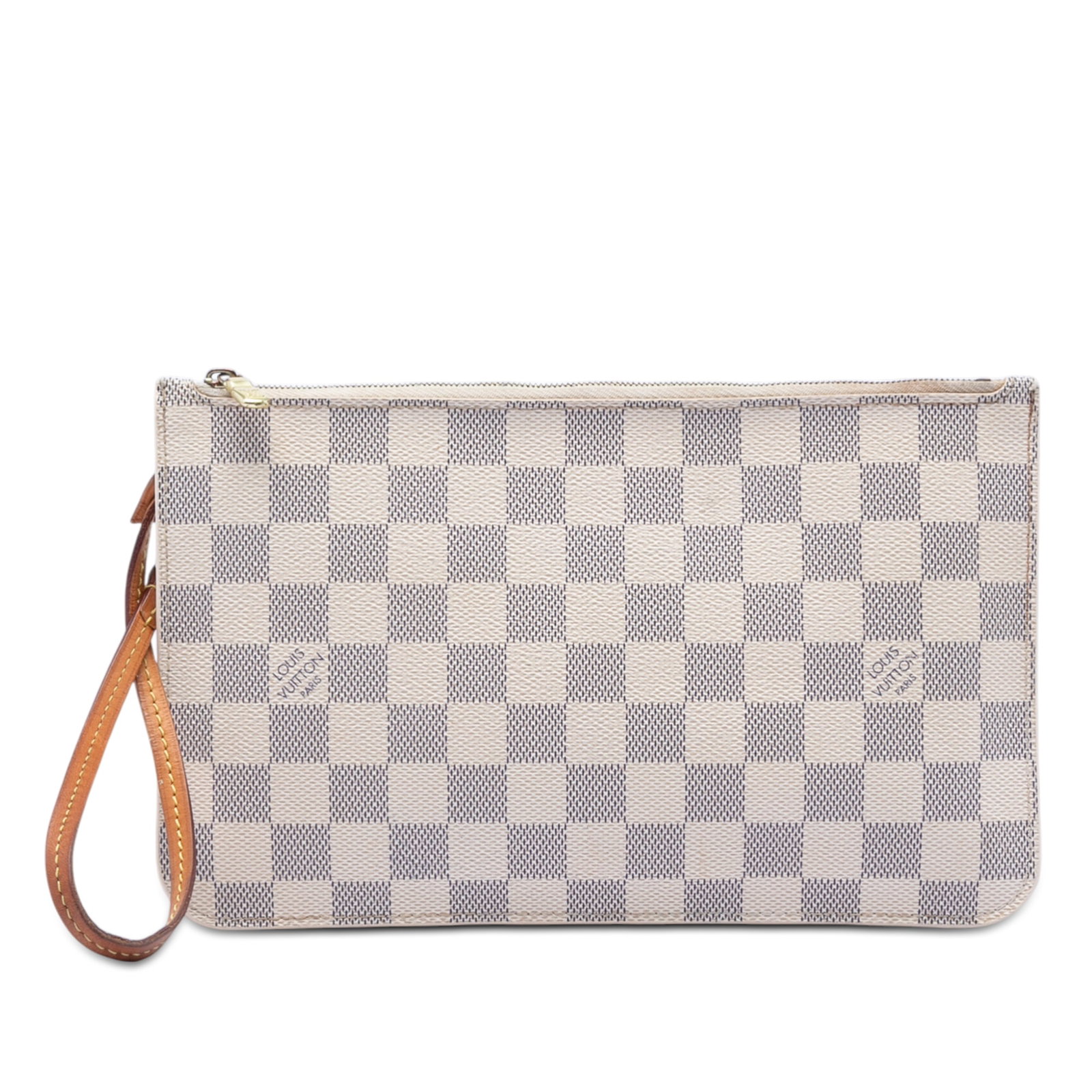 Neverfull MM Pouch in Damier Azur Canvas with Vachetta Strap: Neverfull MM Pouch in Damier Azur Canvas with Vachetta Strap This Louis Vuitton Damier Azur Neverfull MM Pouch features the signature damier azur canvas body with a flat vachetta leather wrist strap, 