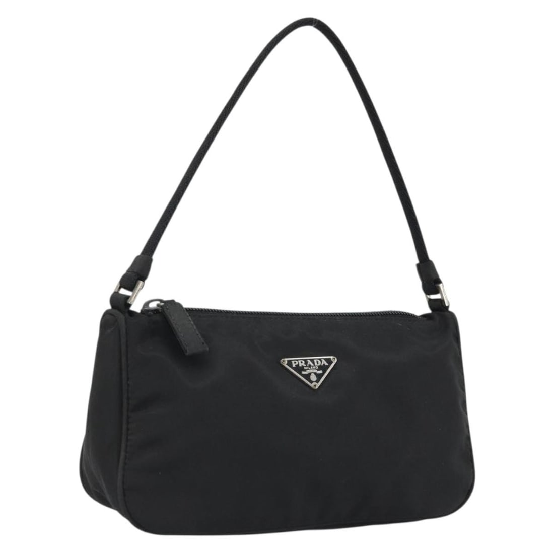 Prada Black Nylon Women's Handbag with Silver Accents: Prada Black Nylon Women's Handbag with Silver Accents This is a Prada women's hand pouch crafted from black nylon with silver-tone accents. Made in Italy, the pouch features a compact design with a si