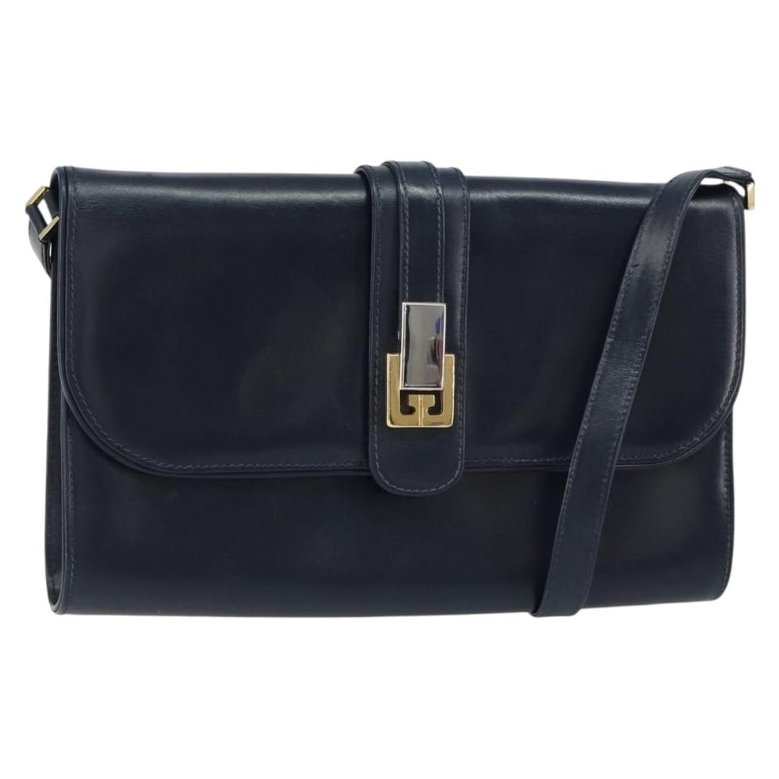Navy Leather Gucci Shoulder Bag with Gold Accents Made in Italy: Navy Leather Gucci Shoulder Bag with Gold Accents Made in Italy This GUCCI shoulder bag is crafted from navy leather with gold-tone accents. Made in Italy, the bag features a structured silhouette wit