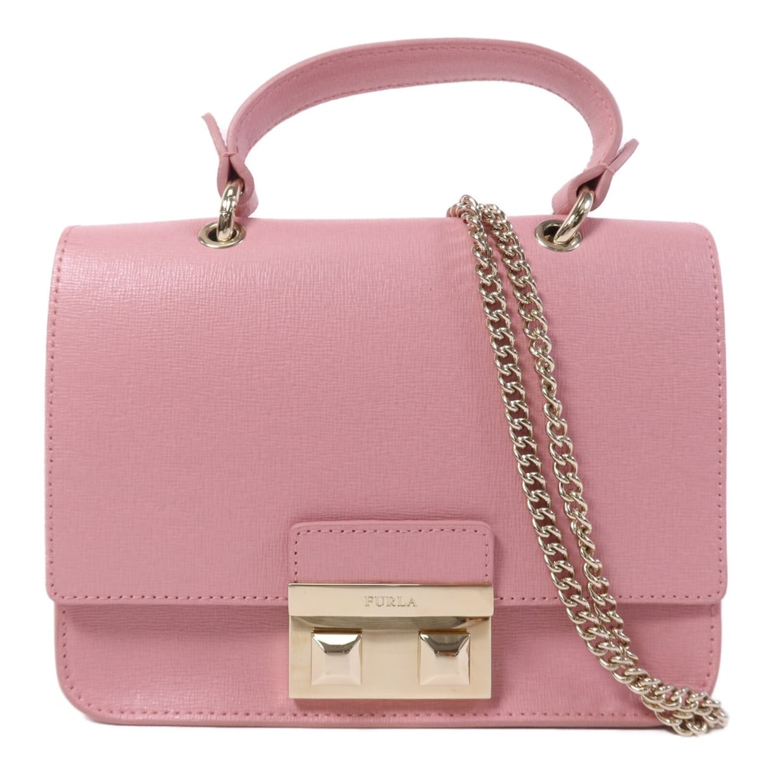 Furla Pink Calfskin Leather Shoulder Bag with Gold Tone Chain: Furla Pink Calfskin Leather Shoulder Bag with Gold Tone Chain This Furla 2-way chain shoulder bag is crafted from pink calfskin leather and features gold hardware. Designed for versatility, it can be 