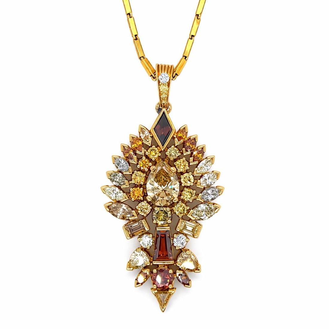 Pendant with Pear-Shaped Diamond and Natural Color Stones on 24K Gold Chain (1 of 7)