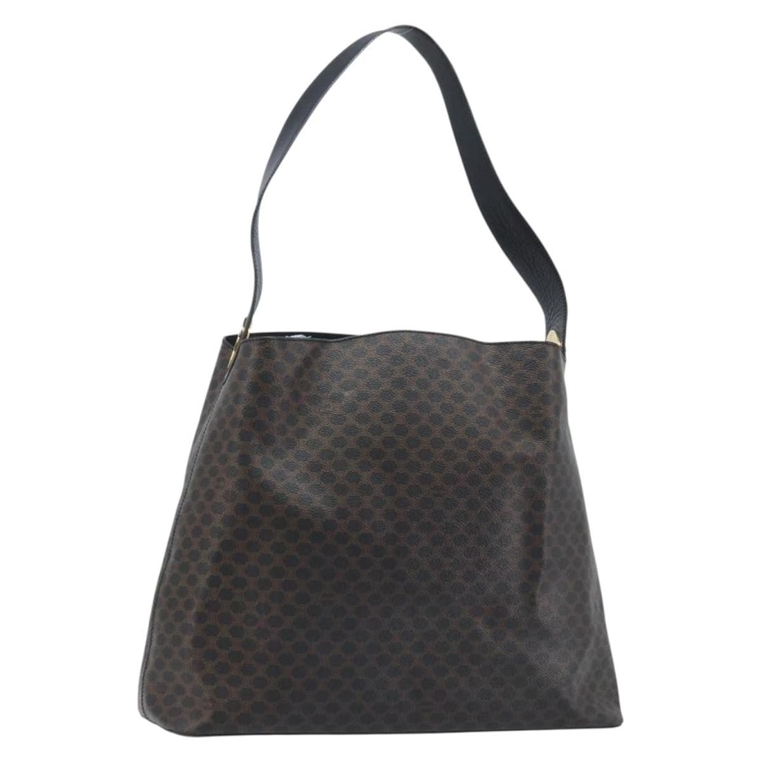 Celine Macadam Black PVC Canvas Shoulder Bag with Gold Accents: Celine Macadam Black PVC Canvas Shoulder Bag with Gold Accents This CELINE Macadam Canvas Circle shoulder bag features a distinctive black and gold design crafted from PVC leather and Macadam canvas. 