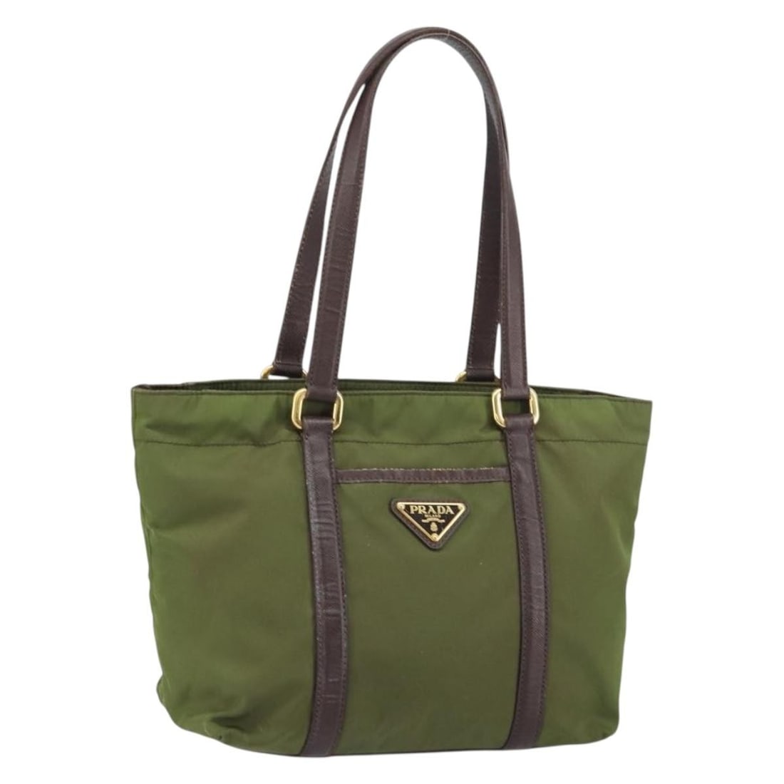Prada Nylon Green Gold Handbag Italy 8.7in x 9.8in: Prada Nylon Green Gold Handbag Italy 8.7in x 9.8in This PRADA handbag is crafted from green nylon with gold accents and is designed for women. Made in Italy, it features a structured silhouette with a