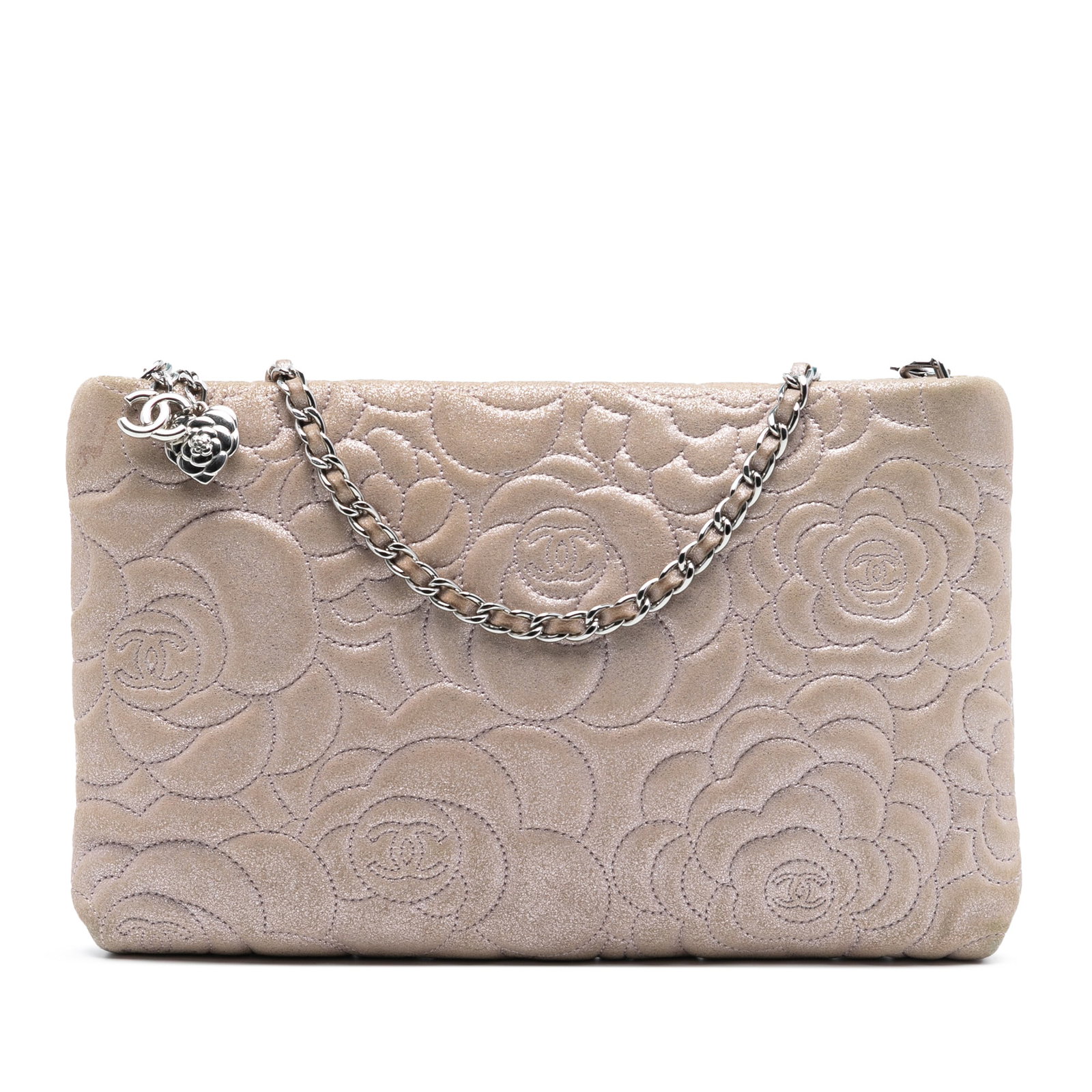 Chanel Camellia Pink Metallic Lambskin Embossed Chain Shoulder Bag: Chanel Camellia Pink Metallic Lambskin Embossed Chain Shoulder Bag This Chanel Embossed Metallic Lambskin Camellia Chain Pochette is crafted from metallic lambskin leather with an embossed Camellia mo
