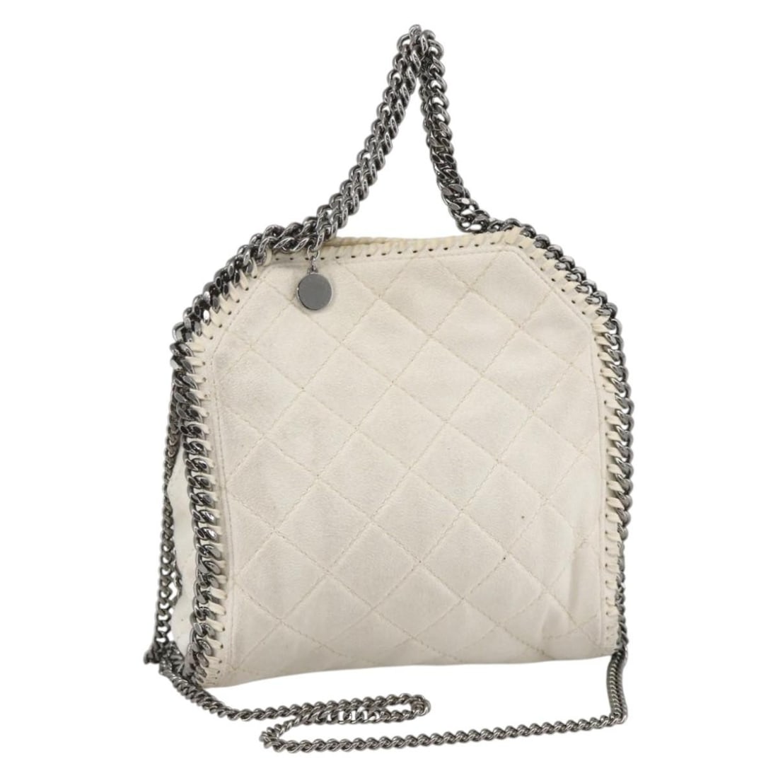 Stella McCartney Falabella Mini White Polyester Shoulder Bag with Chain Detail: Stella McCartney Falabella Mini White Polyester Shoulder Bag with Chain Detail This Stella McCartney Falabella Mini Bag is a 2-way shoulder bag crafted from white polyester with silver-tone accents. D