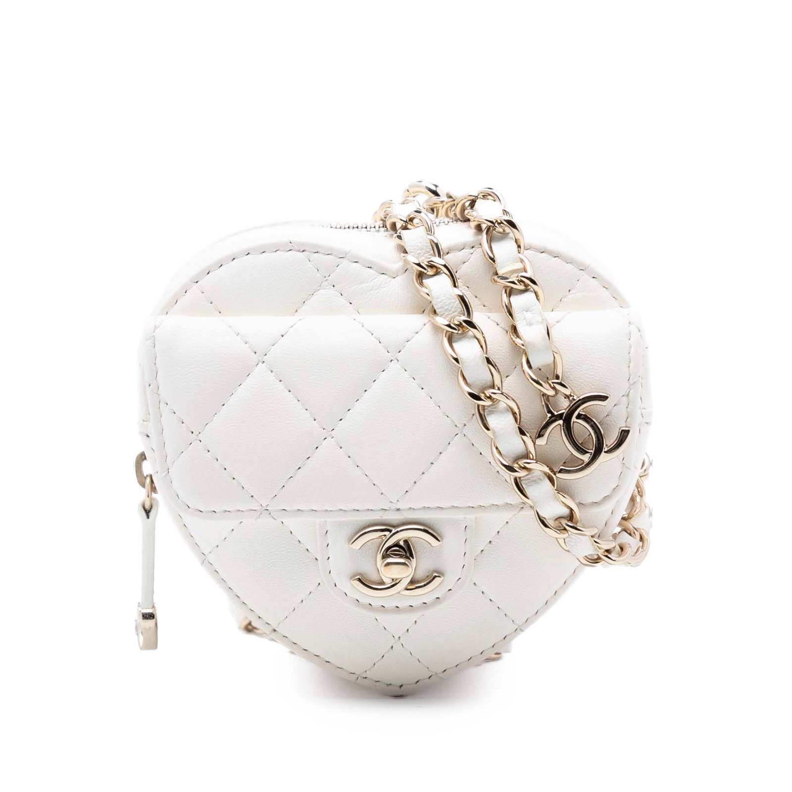 Chanel Mini CC in Love Heart Quilted Lambskin White Belt Bag: Chanel Mini CC in Love Heart Quilted Lambskin White Belt Bag This Chanel Mini Lambskin CC in Love Heart Belt Bag features a quilted lambskin leather body, a leather-woven chain waist strap, a zip-arou