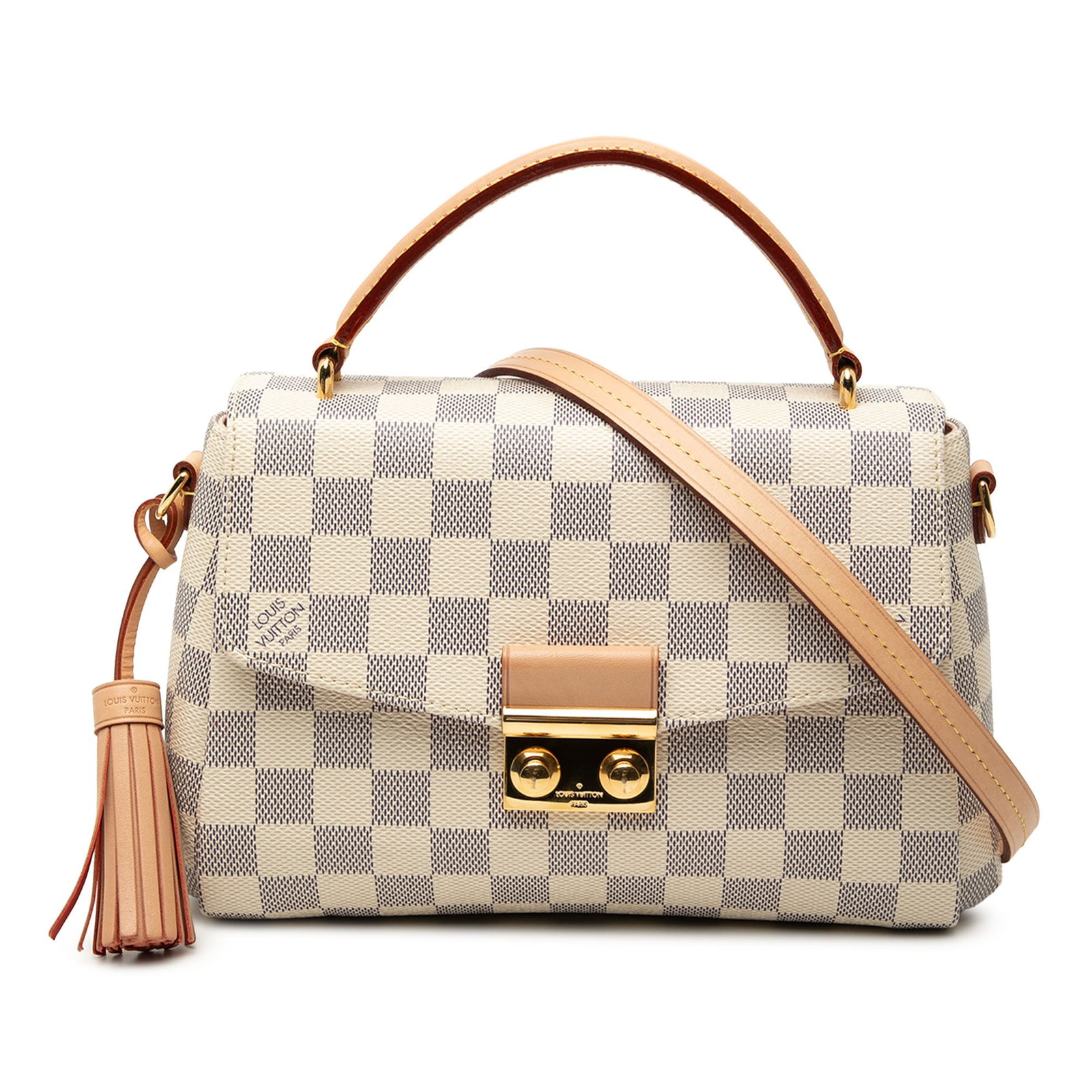 Louis Vuitton Croisette Damier Azur Canvas Bag with Leather Tassel: Louis Vuitton Croisette Damier Azur Canvas Bag with Leather Tassel The Louis Vuitton Damier Azur Croisette is crafted from signature damier azur canvas with vachetta leather trim, featuring a leather 