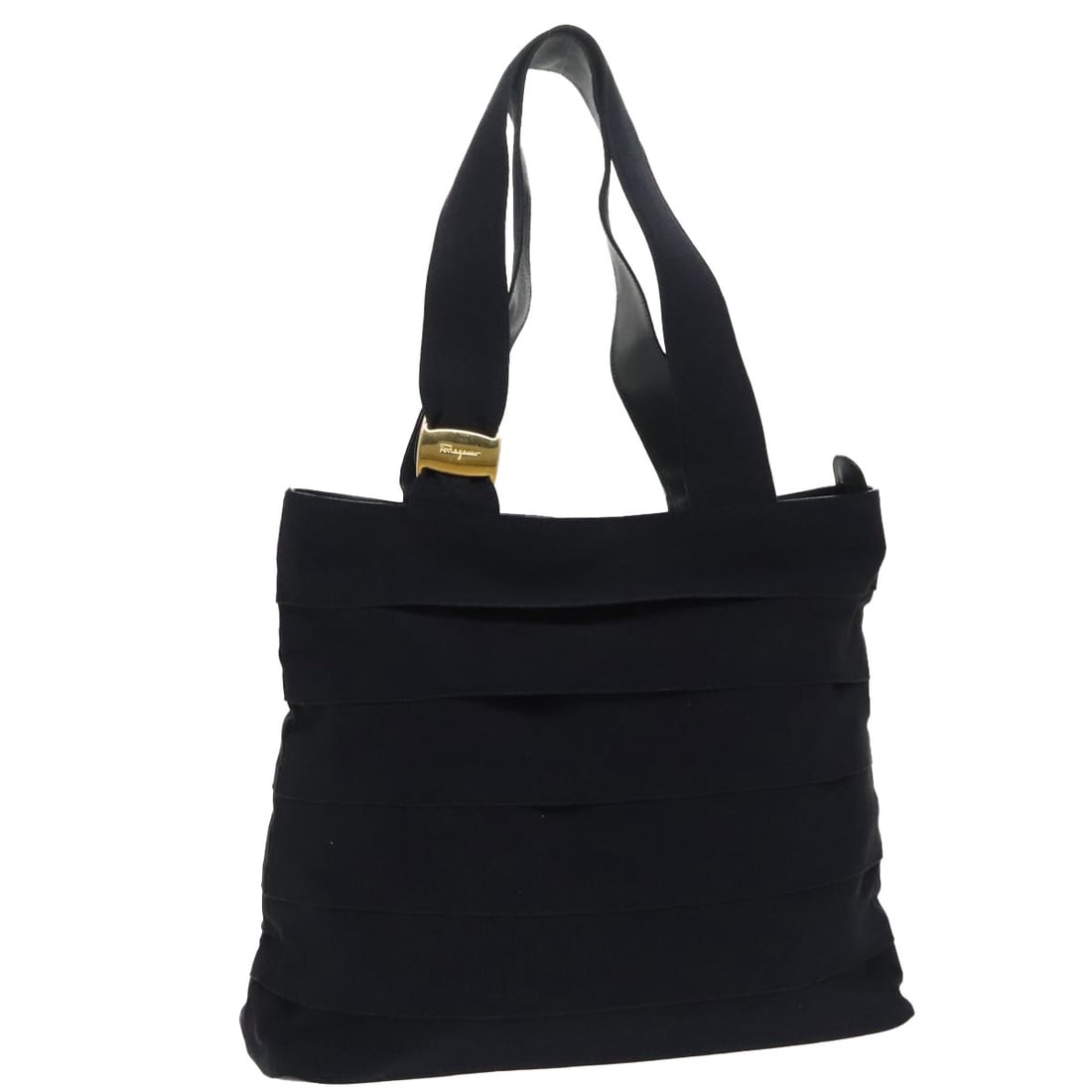 Navy Canvas Salvatore Ferragamo Women's Tote with Gold Accents Italy: Navy Canvas Salvatore Ferragamo Women's Tote with Gold Accents Italy This Salvatore Ferragamo tote bag features a navy and gold canvas exterior, designed for women. The bag is made in Italy and has a 