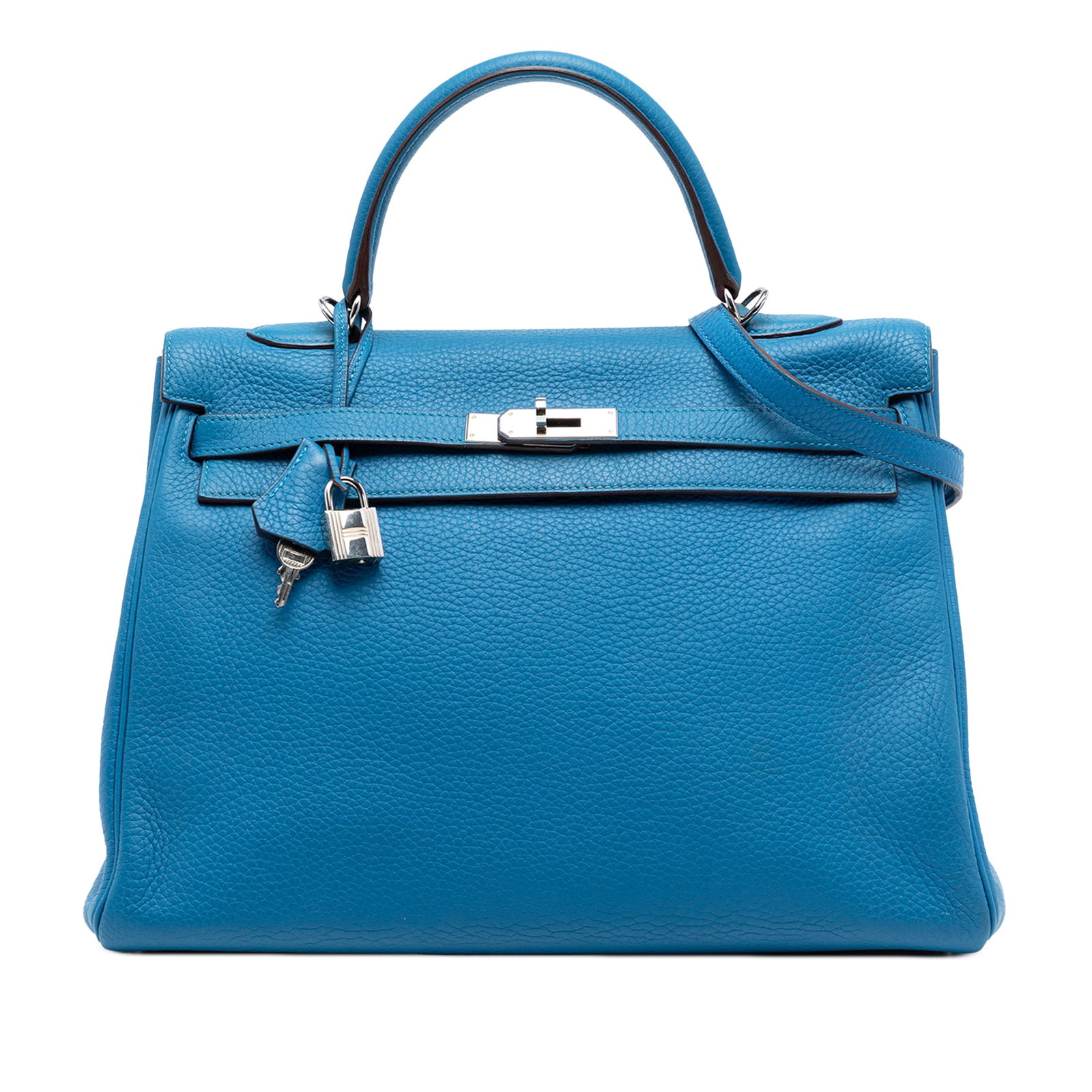 Hermes Kelly II Retourne 35 Bleu Zanzibar Togo Leather Bag with Strap: Hermes Kelly II Retourne 35 Bleu Zanzibar Togo Leather Bag with Strap This Hermes Kelly II Retourne 35 handbag is crafted from Bleu Zanzibar Togo leather and features silver-tone hardware. It is desig