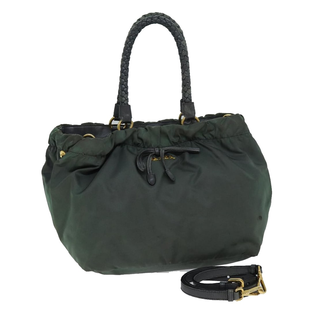 Prada Nylon Khaki Shoulder Strap Handbag: Prada Nylon Khaki Shoulder Strap Handbag This PRADA handbag is crafted from durable khaki nylon and offers versatile 2-way carrying options with both handles and a detachable shoulder strap. Designed 