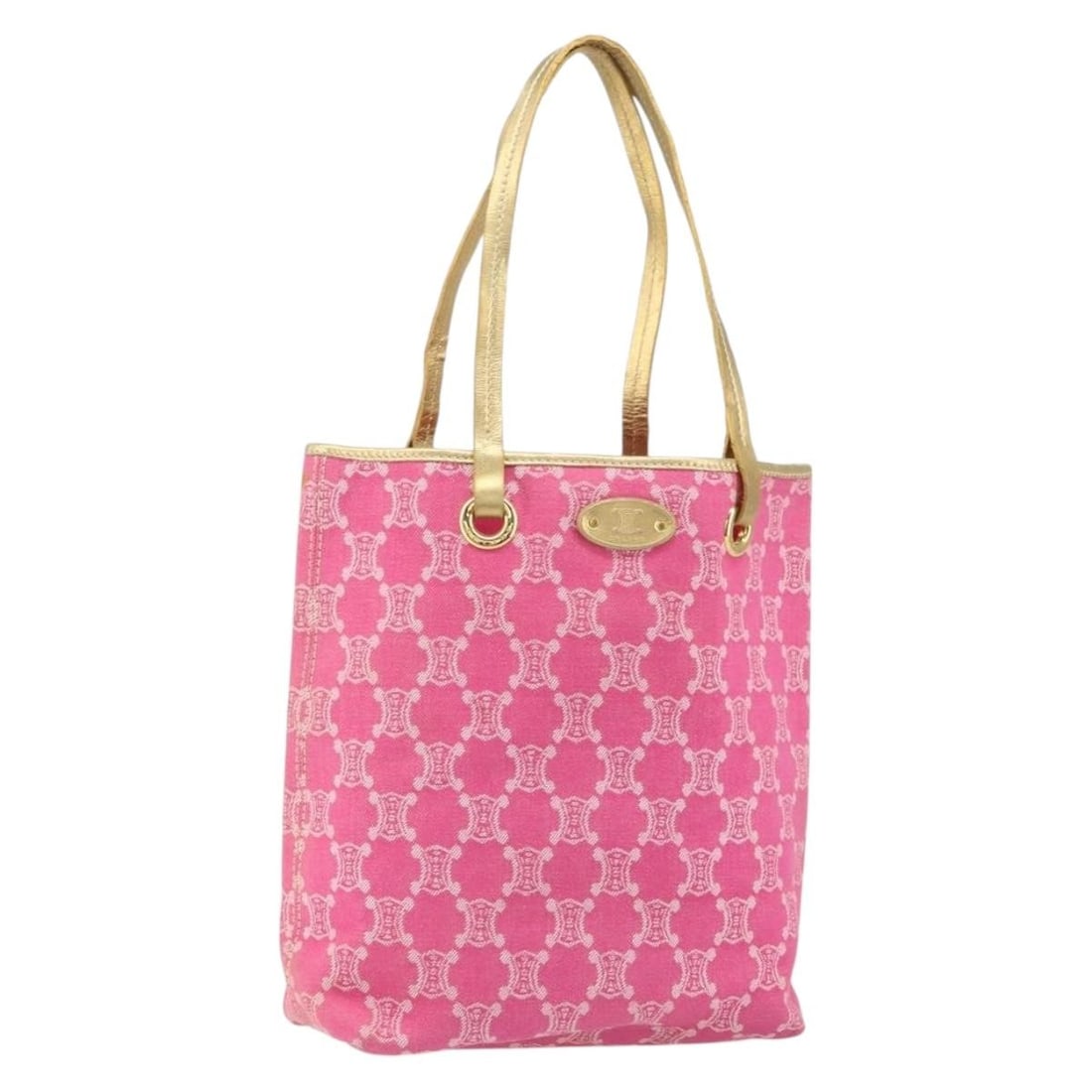 CELINE Paris Macadam Tote Bag Pink Gold Canvas Made in Italy: CELINE Paris Macadam Tote Bag Pink Gold Canvas Made in Italy Elevate your style with this authentic CELINE Paris Macadam Tote Bag, a chic accessory crafted in Italy. This tote features a vibrant pink 