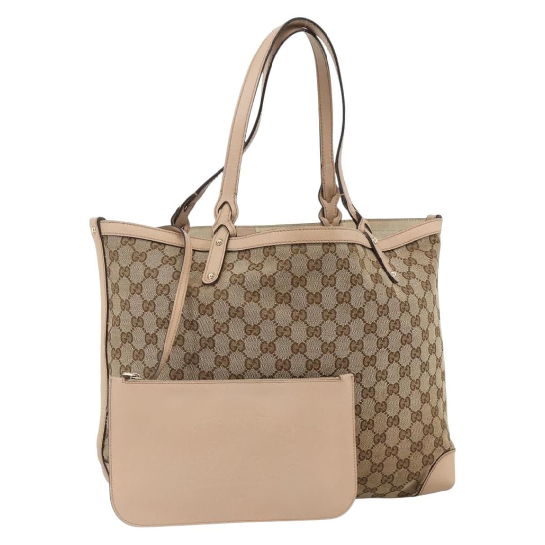 Beige Gold GG Canvas Tote with Pouch by Gucci 247209: Beige Gold GG Canvas Tote with Pouch by Gucci 247209 This is a Gucci GG Canvas tote bag in beige and gold, designed for women. Crafted in Italy, it features the classic GG canvas exterior with gold ac
