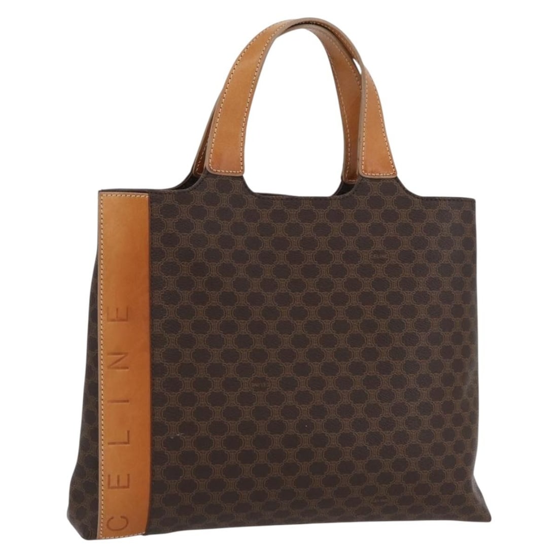 Celine Macadam Brown PVC Leather Handbag with Gold Tone Accents: Celine Macadam Brown PVC Leather Handbag with Gold Tone Accents This CELINE Macadam canvas handbag features a brown and gold PVC leather exterior with signature Macadam canvas accents. The bag is desi
