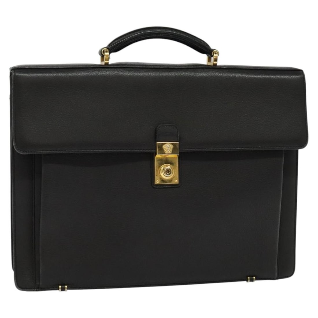 Black Leather Gianni Versace Business Bag with Gold Accents: Black Leather Gianni Versace Business Bag with Gold Accents This Gianni Versace business bag is crafted from black leather with gold-tone accents. Designed for women, it features a structured silhouet