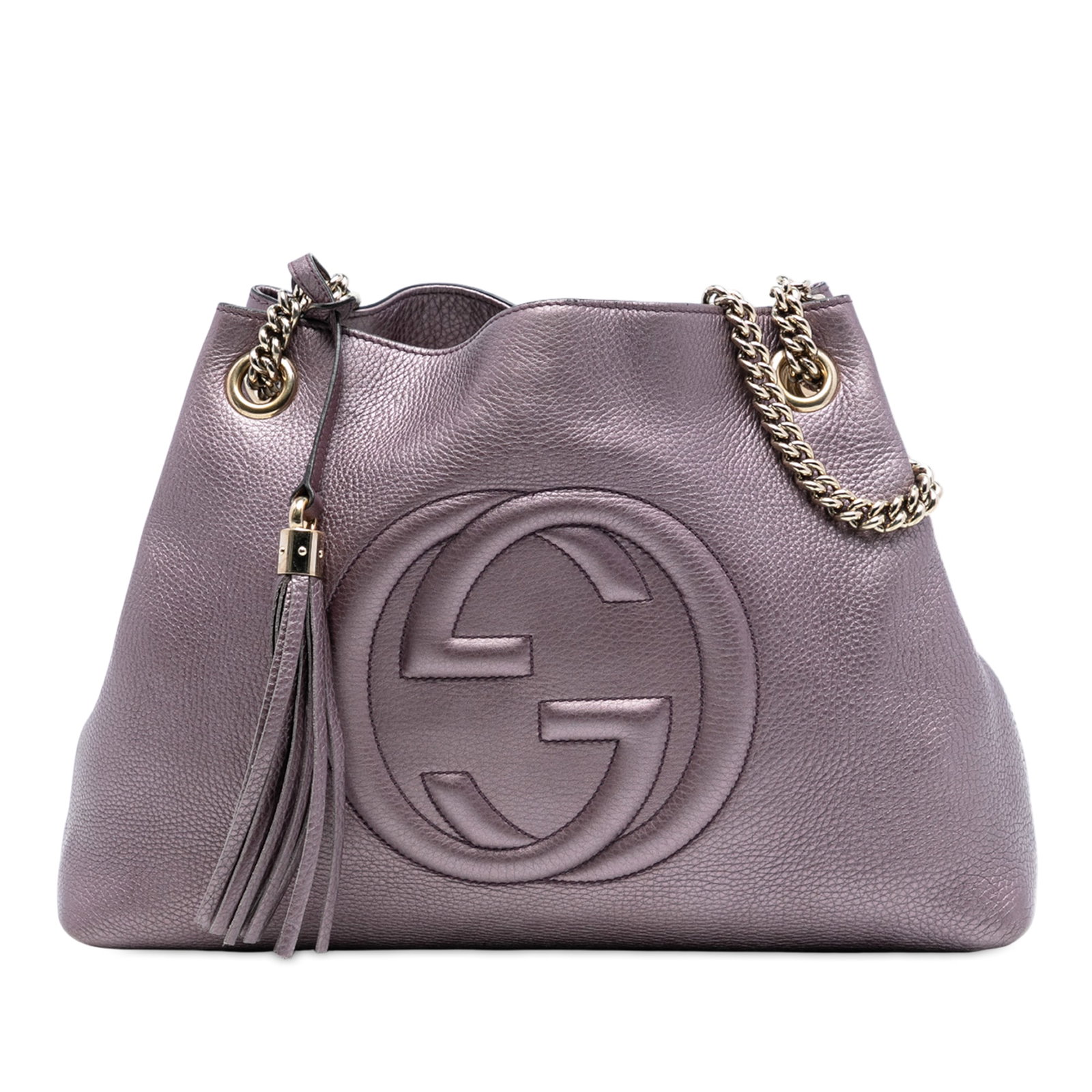 Gucci Soho Chain Tote Medium Metallic Purple Leather Shoulder Bag: Gucci Soho Chain Tote Medium Metallic Purple Leather Shoulder Bag This Gucci Medium Metallic Leather Soho Chain Tote features a purple leather body with chain link straps and leather shoulder guards. 