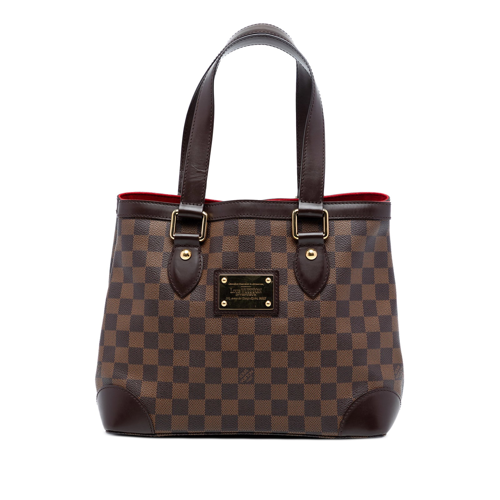 Louis Vuitton Hampstead PM Brown Damier Canvas Tote with Leather Trim: Louis Vuitton Hampstead PM Brown Damier Canvas Tote with Leather Trim The Louis Vuitton Damier Ebene Hampstead PM is a structured handbag crafted from the brand's signature Damier canvas with leather 
